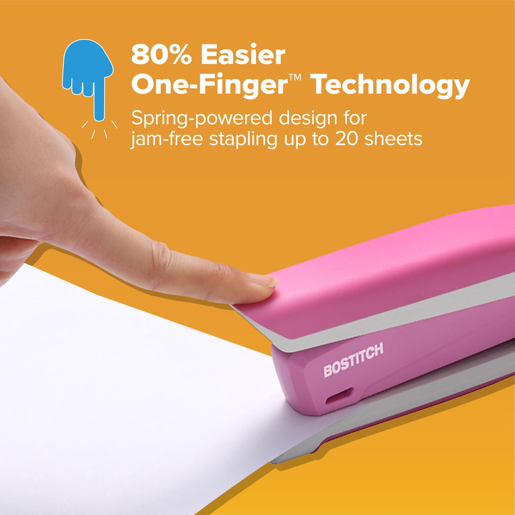 PaperPro inPOWER20 - 3 in 1 Stapler - One Finger, No Effort, Spring Powered Stapler, Breast Cancer Awareness Pink (1188)