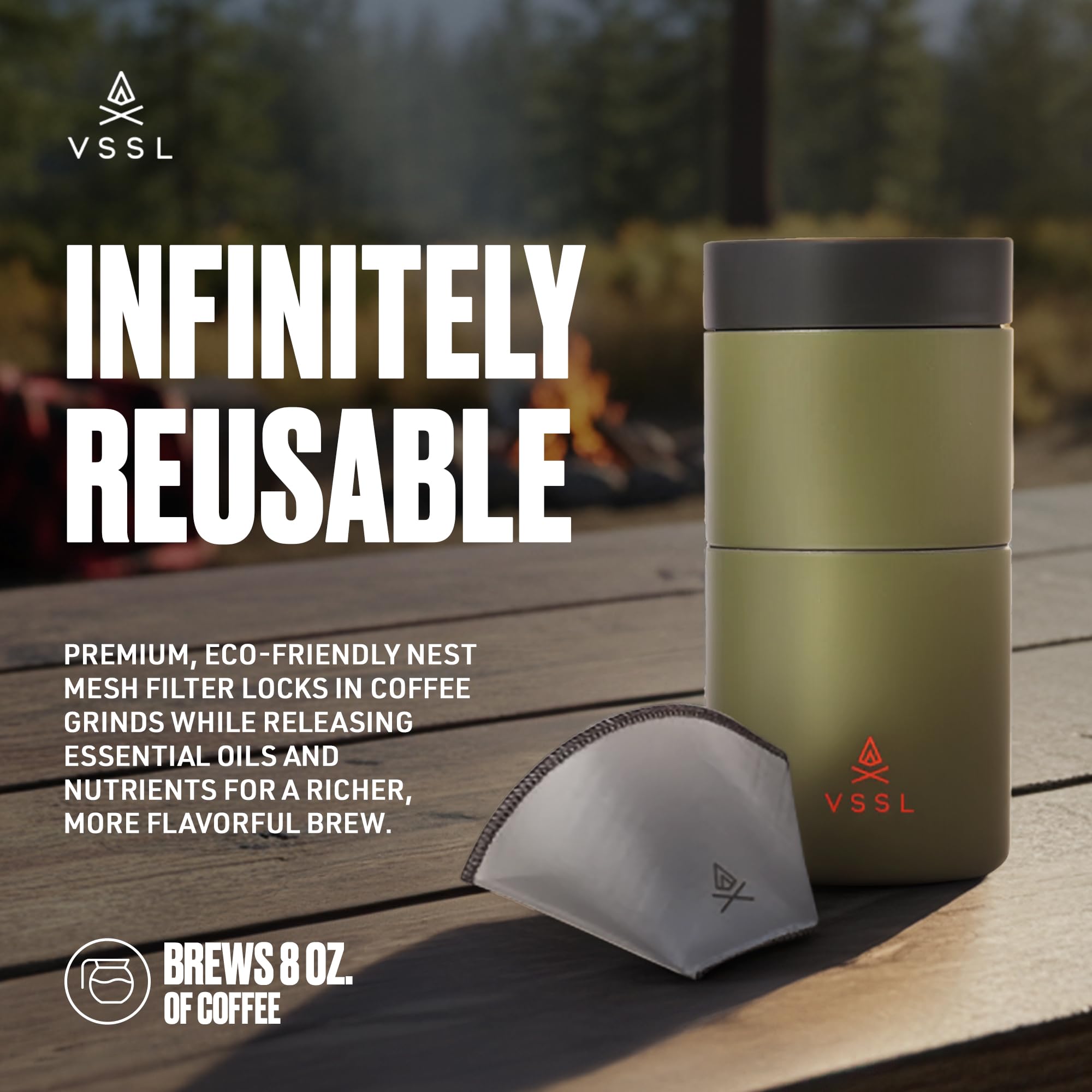VSSL Nest Reusable #1 Stainless Steel Mesh Coffee Filter, Transportable and Compact, Perfect for Camping, Hiking, Adventure, Travel, Eco Friendly, Compatible with Any Cone Pour Over System, Pack of 3