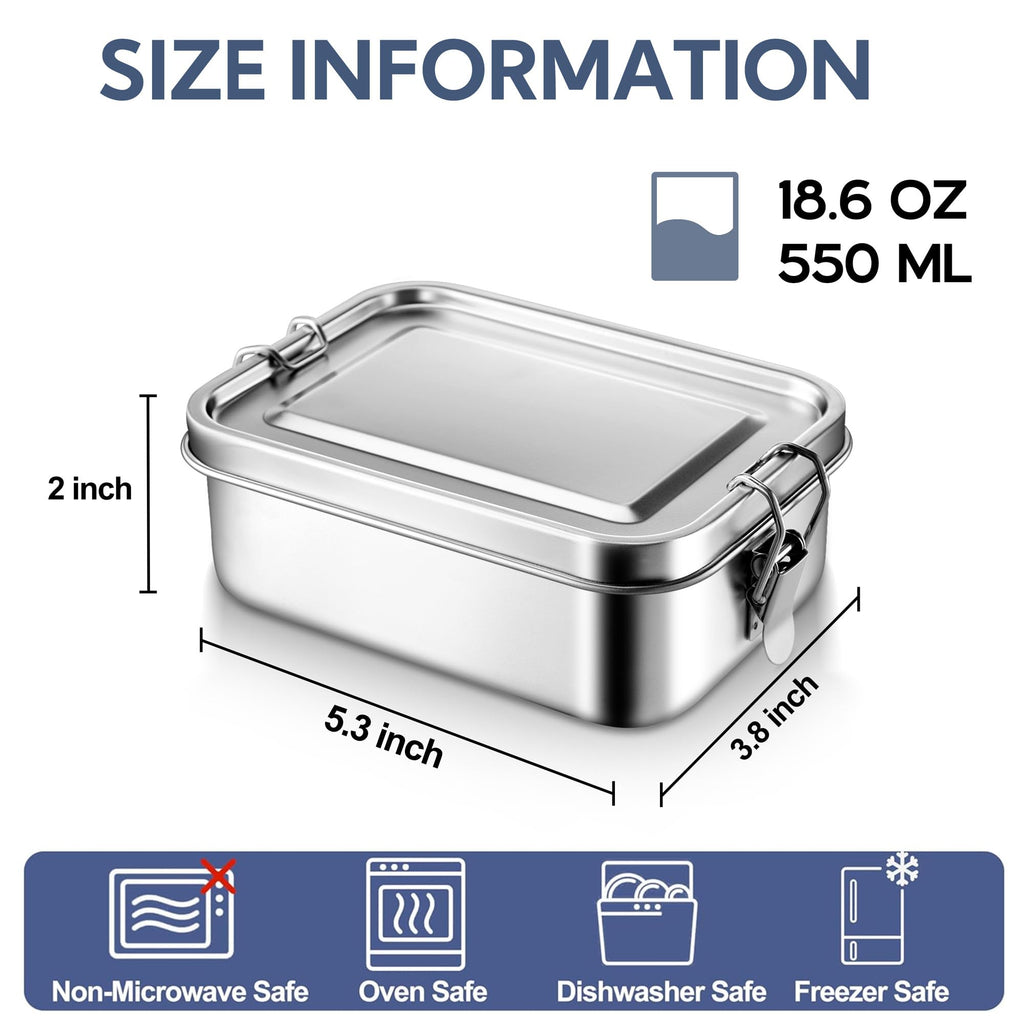 E-far 4 Pieces Stainless Steel Bento Box, Mini 550ml Metal Lunch Box, 18.6oz Leak-Proof Food Snack Container with Lids, Reusable Meal Storage for Camping Picnic Travel Work