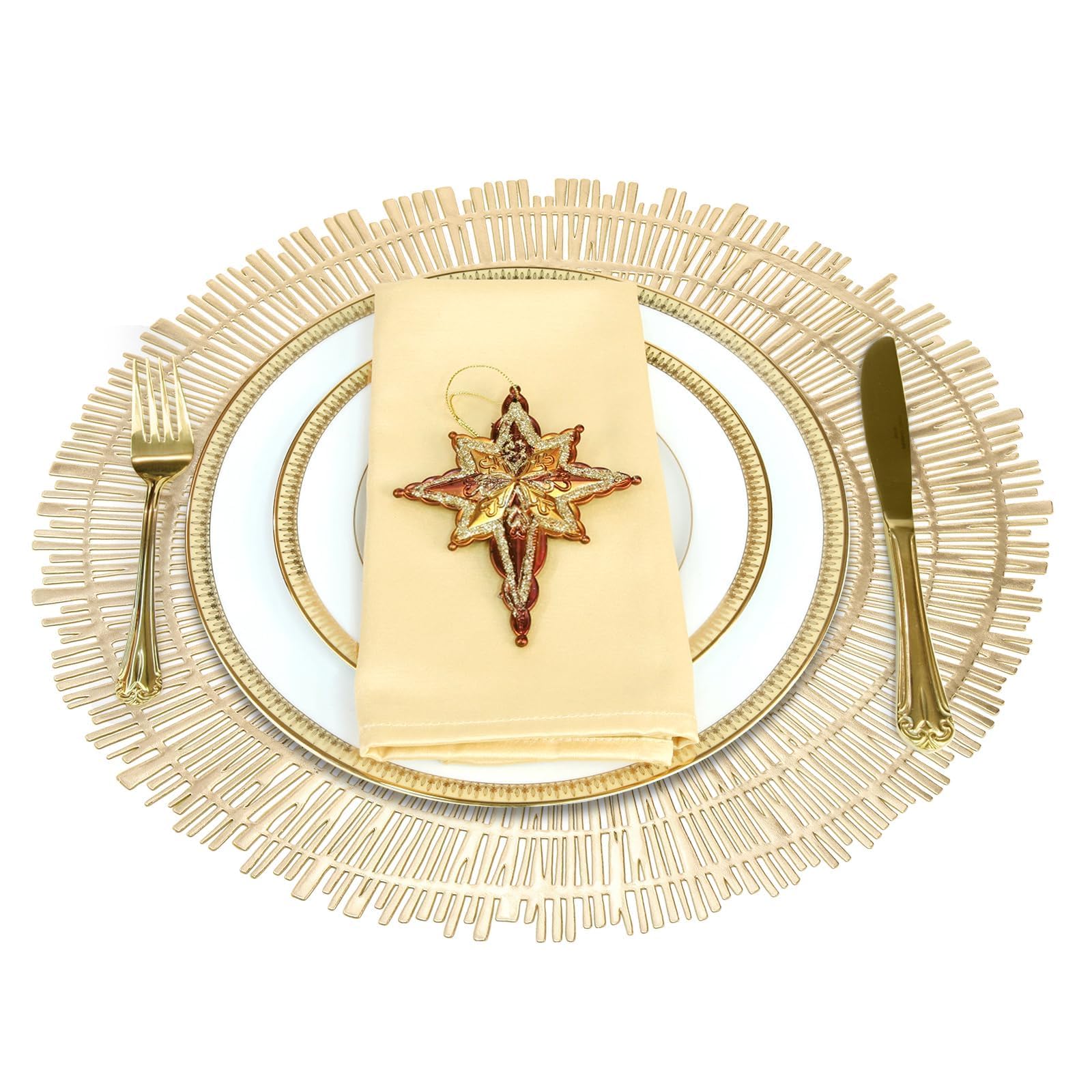 Pumtus 12 Pack 15 Inch Gold Round Placemats, Pressed Vinyl Metallic Place Mat, Non-Slip Hollow Out Dinning Table Mats for Table Decor, Wedding Accent Centerpiece, Christmas, Kitchen Decoration