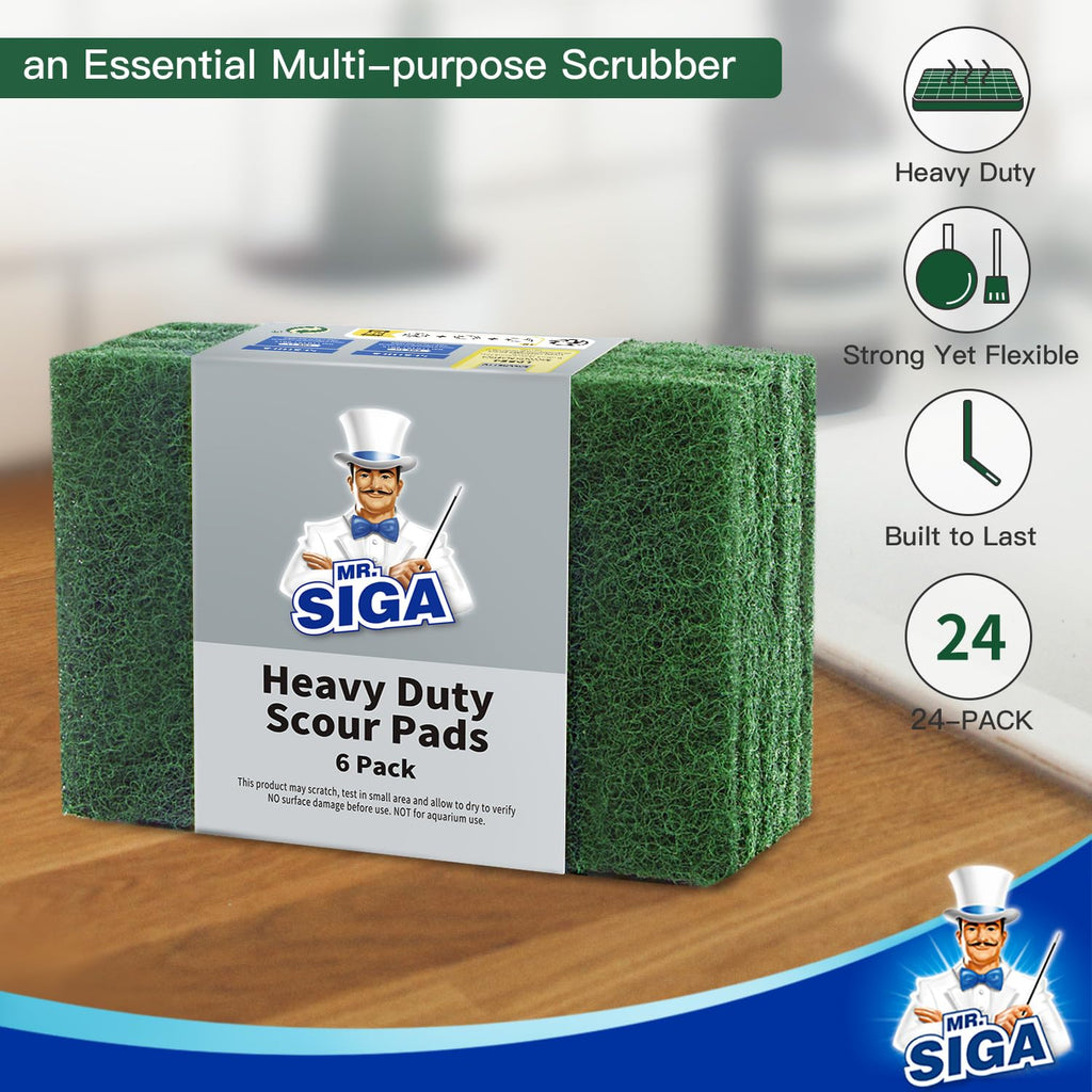 MR.SIGA Heavy Duty Scouring Pads, Household Scrubber for Kitchen, Sink, Dish, 24-Pack, 3.9 x 5.9 inch (10 x 15 cm), Green