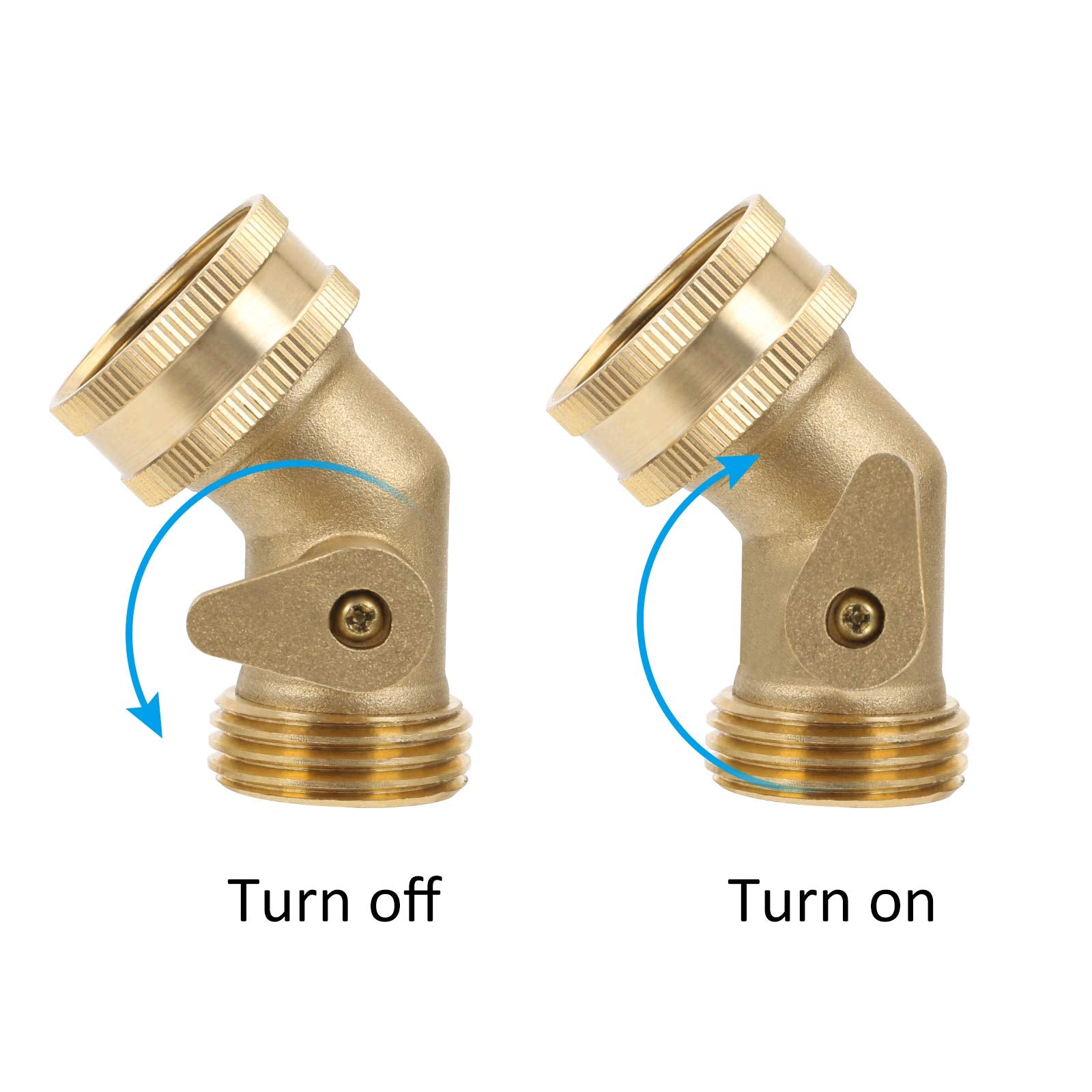 STYDDI 45 Degree Garden Hose Elbow Brass Connector with Shut-Off Valve, 3/4” GHT Water Hose Elbow Adapter for RVs or Outdoors, with 2 Extra Rubber Washers and 2 Washers with Screen, 2 Pack
