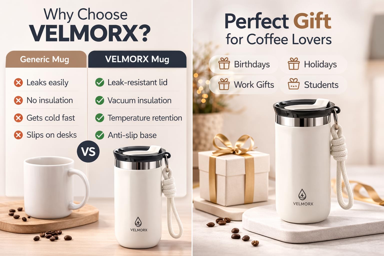 VELMORX Insulated Stainless Steel Travel Mug – 12 oz | Leak-Resistant Lid, Double-Wall Vacuum Coffee Cup – Keeps Drinks Hot/Cold – Reusable Portable Mug (White)