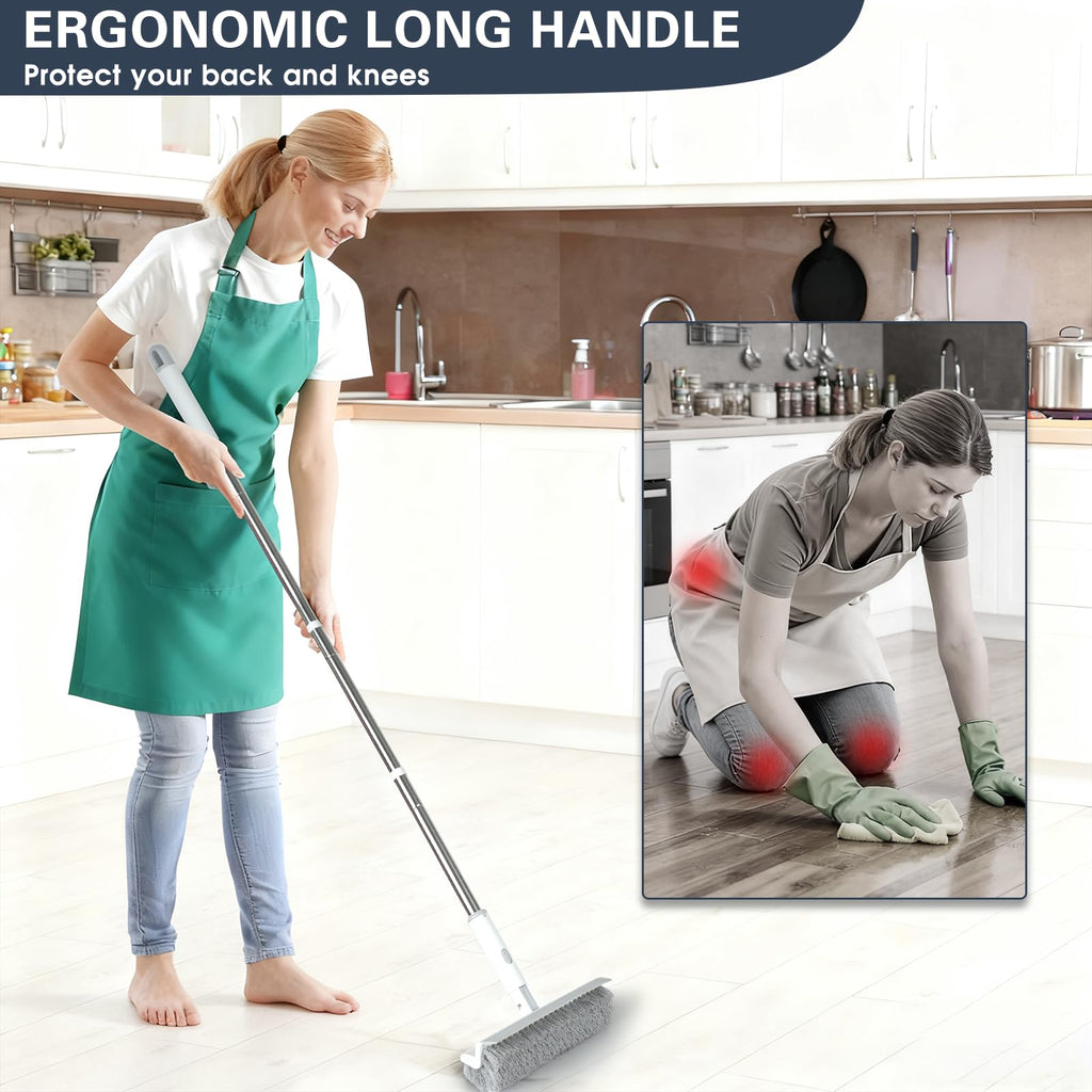 Grout Brush with Long Handle, 2 in 1 Floor Scrub Brush with Squeegee + 2 Crevice Cleaning Brushes, Tile Scrub Brush with Stiff Bristles Floor Scrubber for Cleaning Shower Corner Bathroom Tile