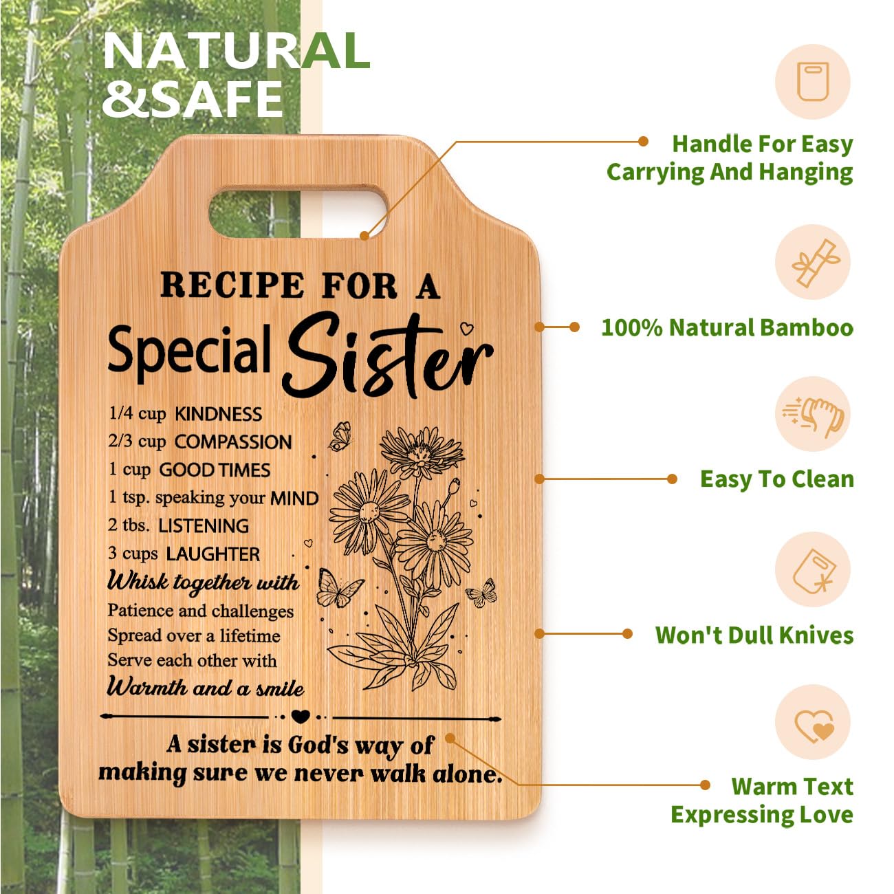 Milcier Sister Gifts, Birthday Gifts for Sister from Sisters, Unique Sister Recipe Cutting Board, Mothers Day Christmas Wedding Gifts for Sister Adult, Sister in Law