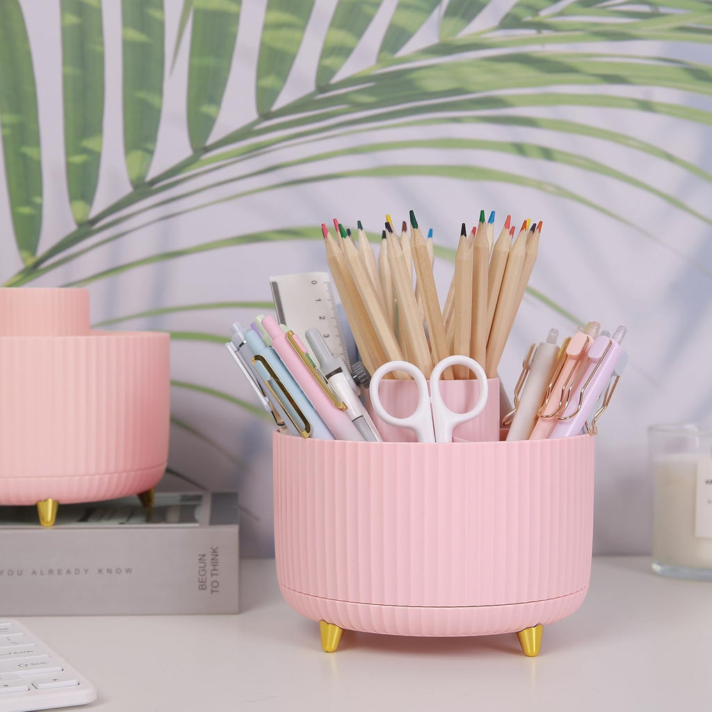 SKYDUE Pink 360 Rotating Plastic Desk Pen Organizer with 5 Slots, Dual-Purpose Art Supply Pencil Cup for Office, School, Home