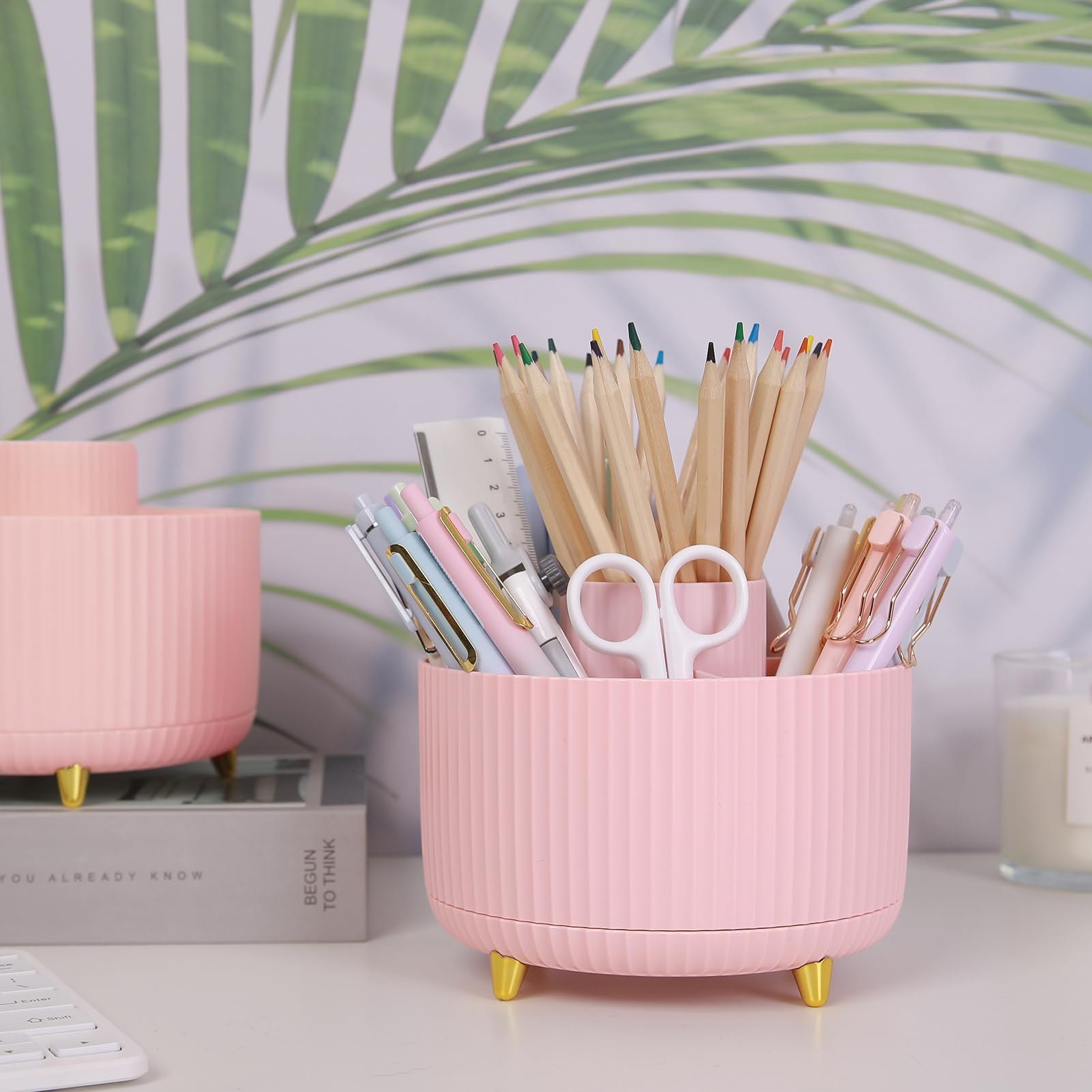 SKYDUE Pink 360 Rotating Plastic Desk Pen Organizer with 5 Slots, Dual-Purpose Art Supply Pencil Cup for Office, School, Home