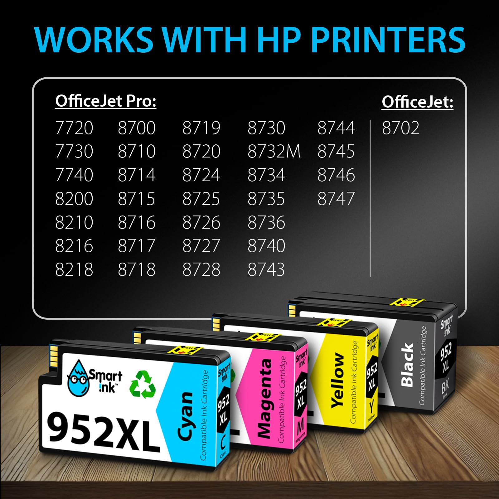 Smart Ink Compatible Ink Cartridge Replacement for HP 952 952XL (4 Combo Pack) Advanced Chip Technology to use with OfficeJet 8702 OfficeJet Pro 7720 7740 8210 8216 8710 8715 8720 8725 8728 8730 8745