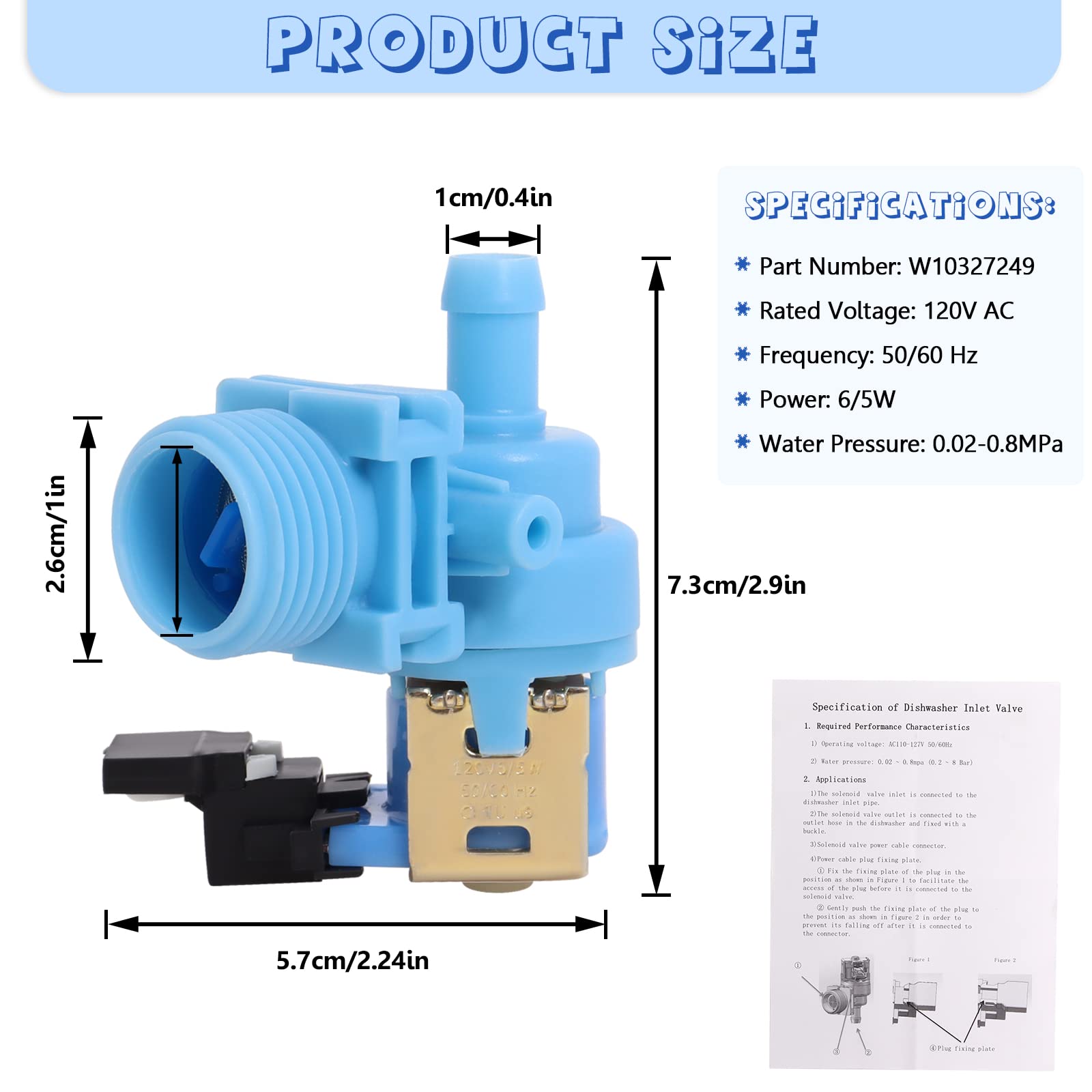 Upgraded W10327250 W10327249 Dishwasher Water Inlet Valve WPW10327249 Compatible with Whirlpool Kenmore Amana Kitchen Aid Dishwashers, Replaces W11130743 W10195047 W10316814 AP6024301