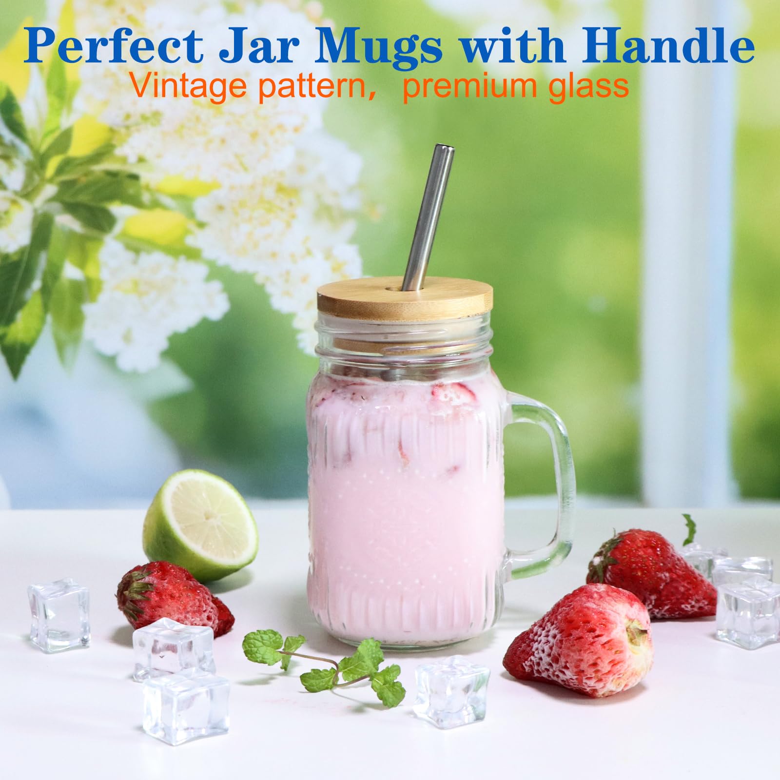 Magicsky Mason Jar Cups with Handles, Vintage 16 oz Glass Iced Coffee Cup with Bamboo Lids and Straws, Pint Drinking Jars Mug for Smoothie, Cold Drinks, Juice, Party Beverages, Set of 4
