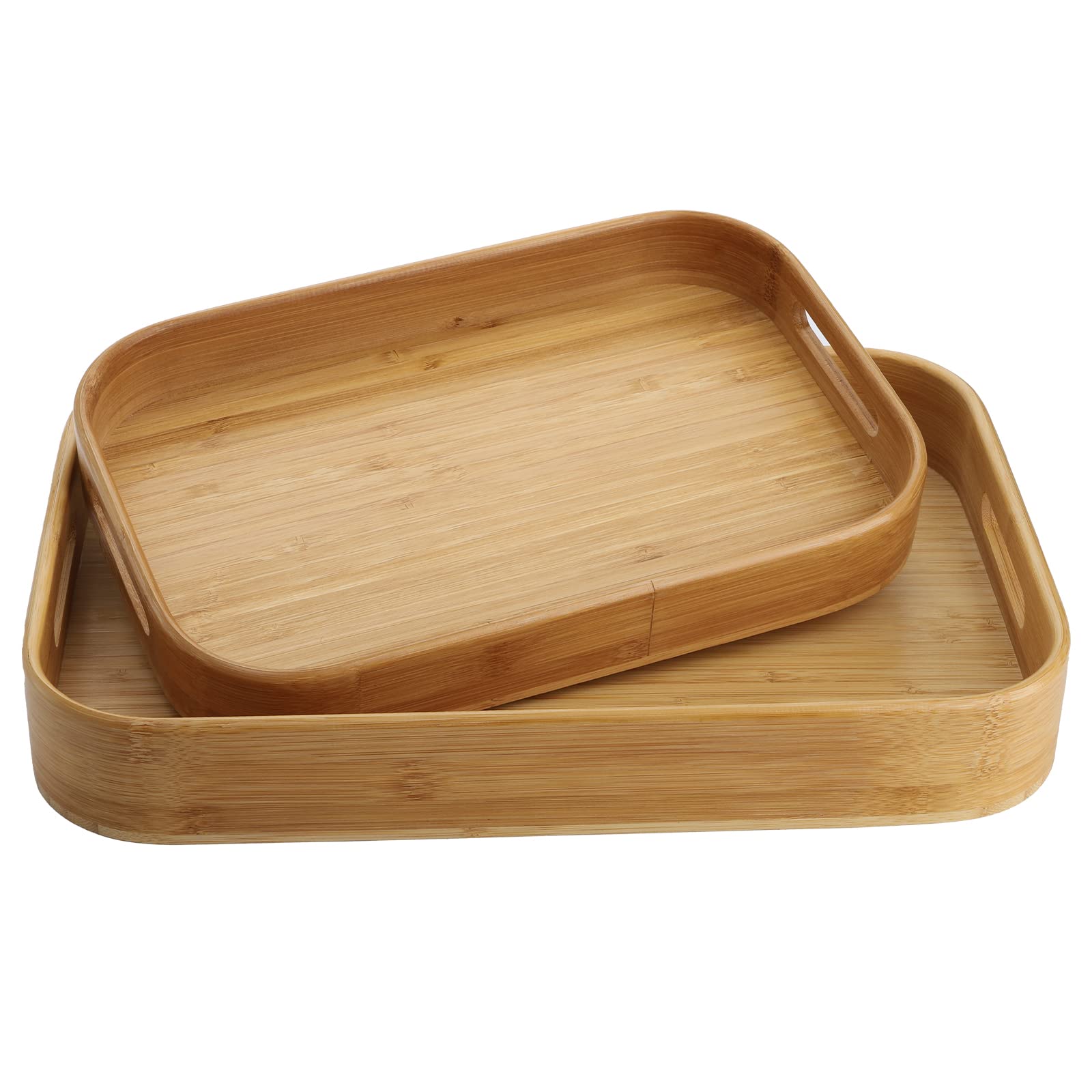 Dicunoy Set of 2 Bamboo Serving Tray, Solid Wood Breakfast Tray with Handles, Large Bamboo Food Tea Trays Great for Dinner, Coffee, Bar, Parties, 15.6" L x 10.8" W /12.6" L x 8.5" W
