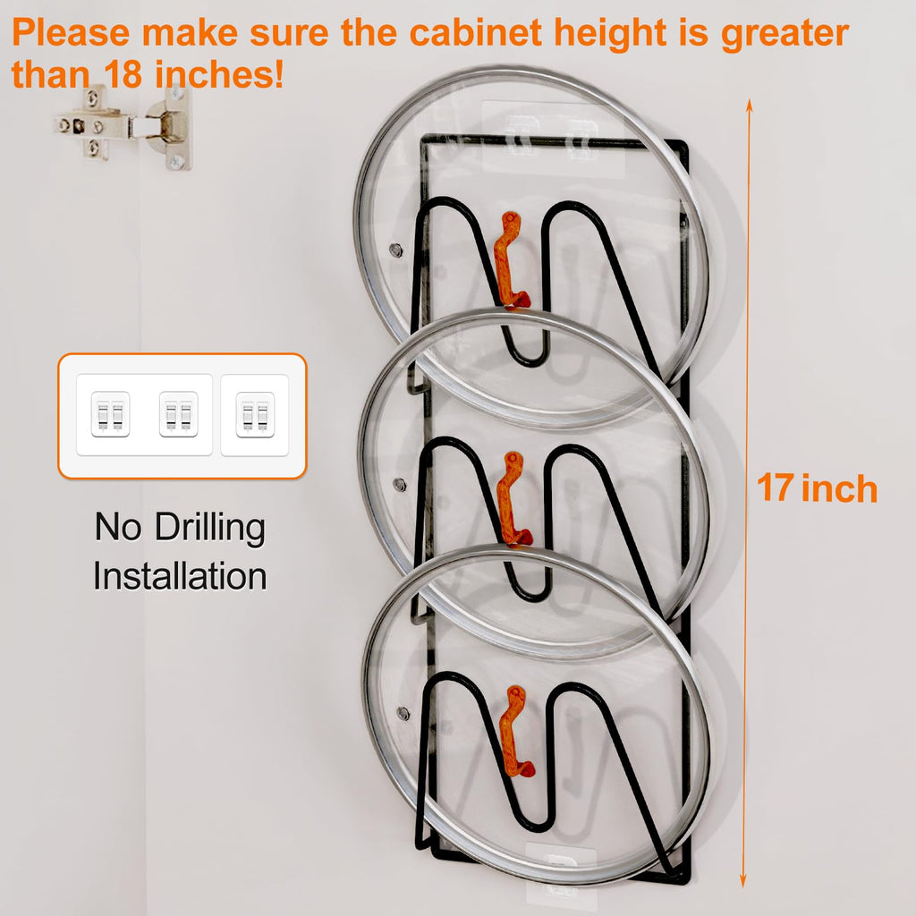 2 Pack Pot Lid Organizer Rack, 6-Tier Pot Lids Holder for Cabinet Door/Wall, No Drilling Adhesive Wall/Door Mounted Rustproof Pot And Pan Cover For Kitchen Storage, Classic Black
