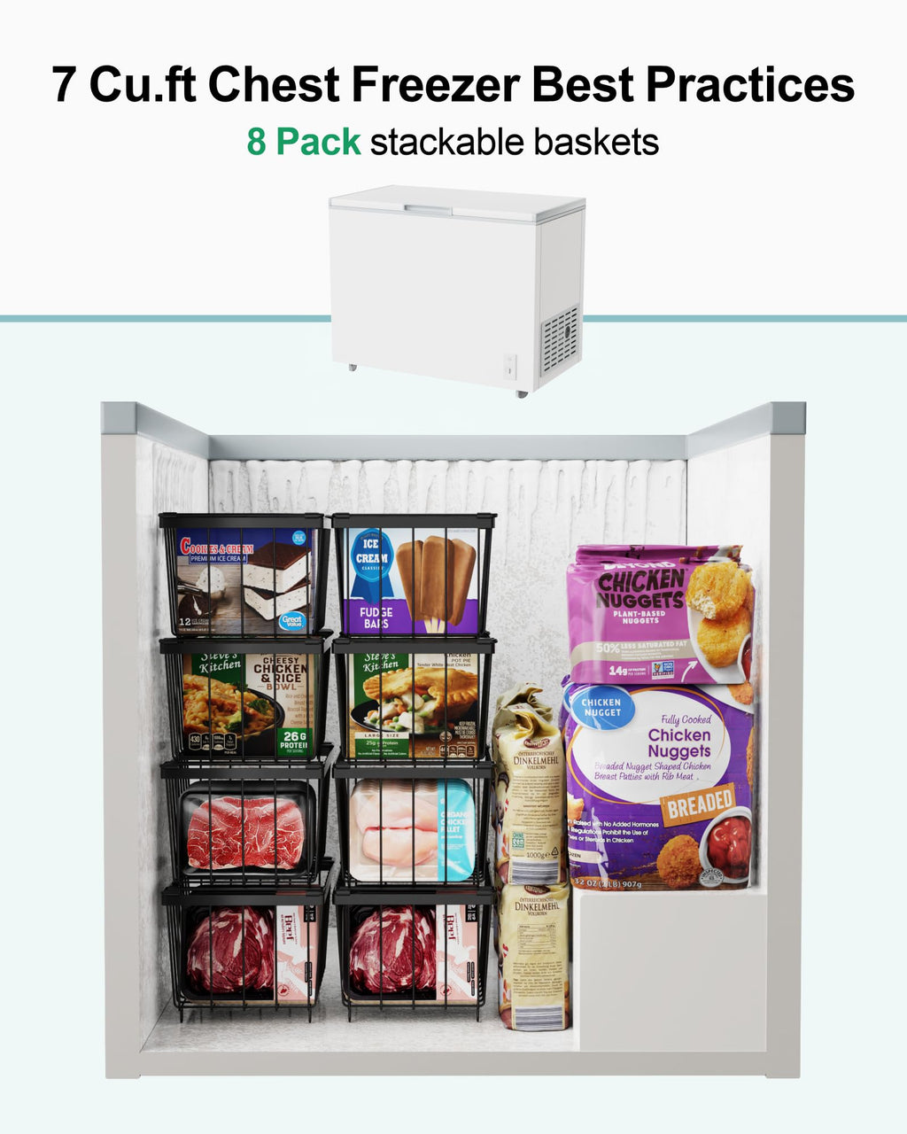iSPECLE Chest Freezer Organizer for 5 to 7 Cu.Ft Deep Freezer, 4 Pack Stackable Wire Baskets to Sort Frozen Food, Storage Bins with Handles for Single Column Stacking, Black