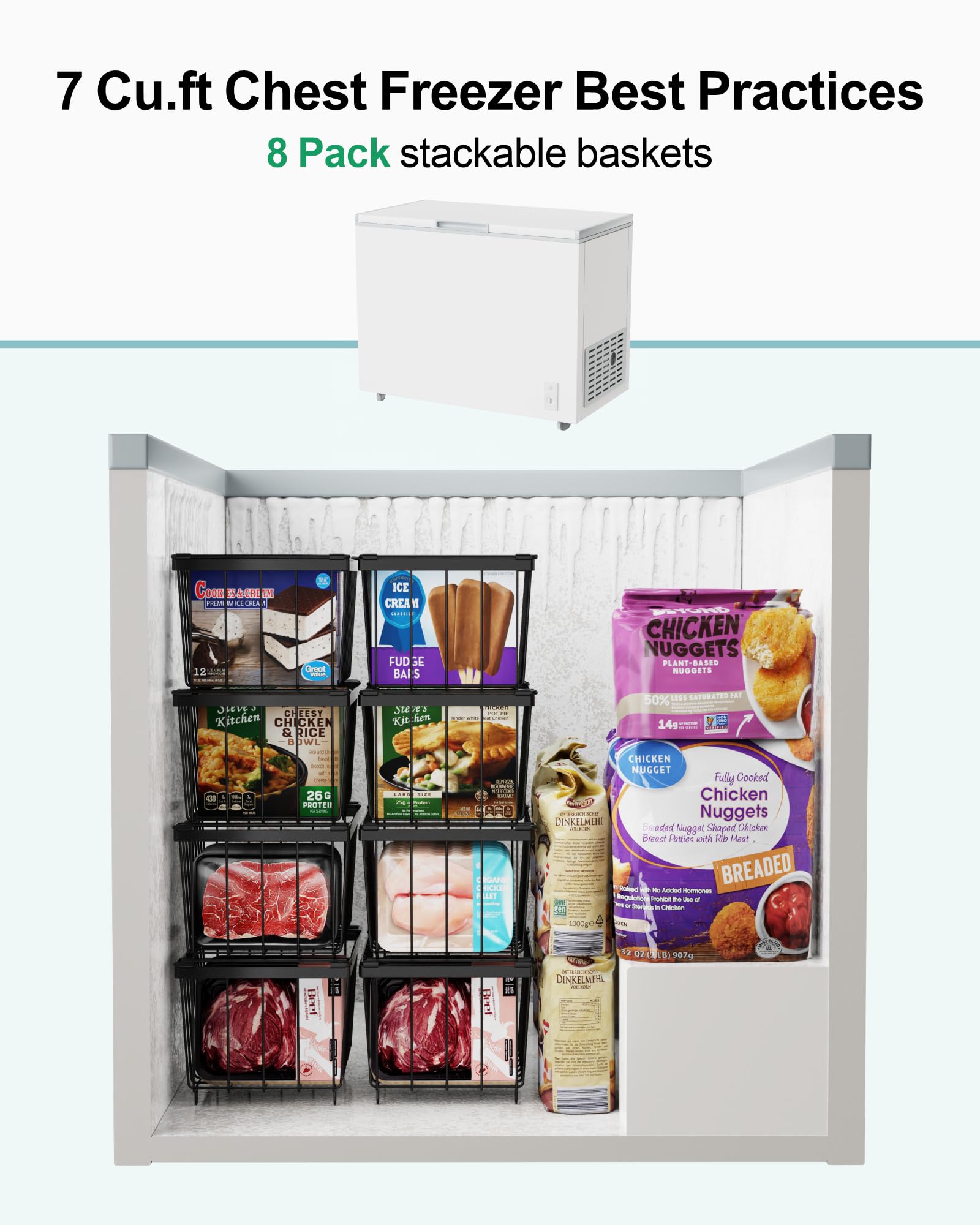 iSPECLE Chest Freezer Organizer for 5 to 7 Cu.Ft Deep Freezer, 4 Pack Stackable Wire Baskets to Sort Frozen Food, Storage Bins with Handles for Single Column Stacking, Black