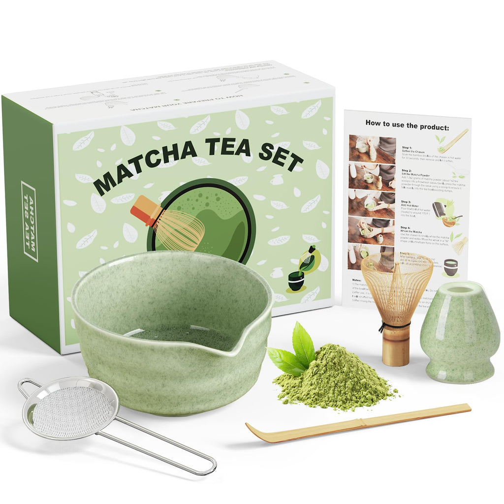 Matcha Whisk Set, 5 Pcs Ceramic Matcha Set Includes Bowl with Spout, Whisk, Holder, Bamboo Scoop and Sifter, Matcha Tea Kit for Matcha Lovers, Ideal Gift for Christmas, Birthday, Green