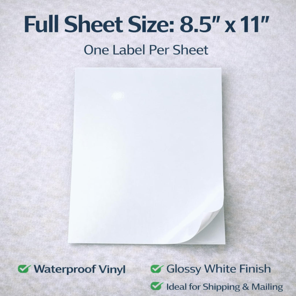Nicbuy Full Sheets Printable Glossy White Shipping Labels - 20 Labels (8.5" x 11") - Waterproof Vinyl Stickers for Inkjet or Laser Printer