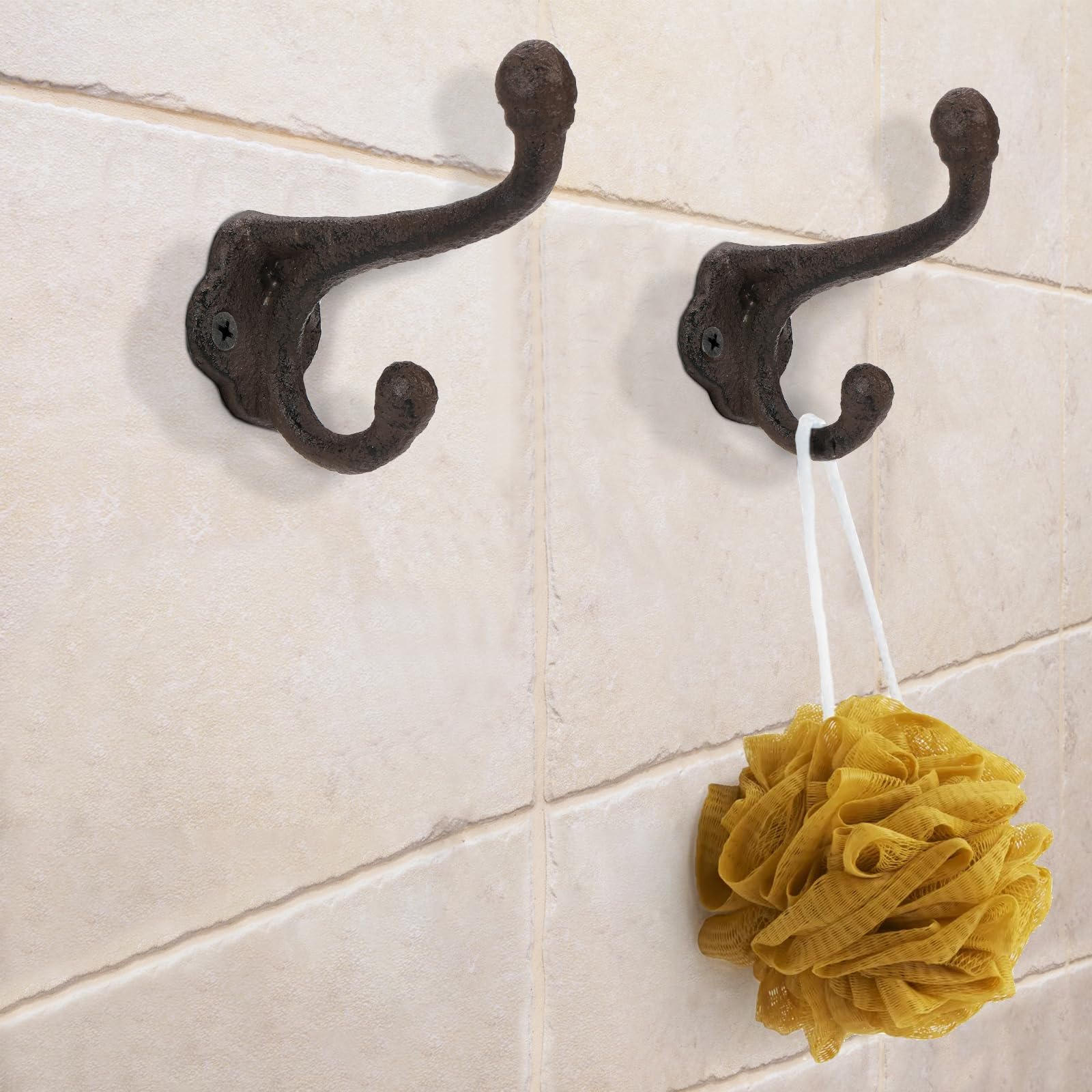 Peohud 10 Pack Cast Iron Coat Hooks, Rustic Wall Mounted Coat Hooks, Farmhouse Coat Hangers, Heavy Duty Cast Iron Hooks, Double Rustic Wall Hooks for Hanging Coats, Bags, Caps, Hats, Towels, Keys