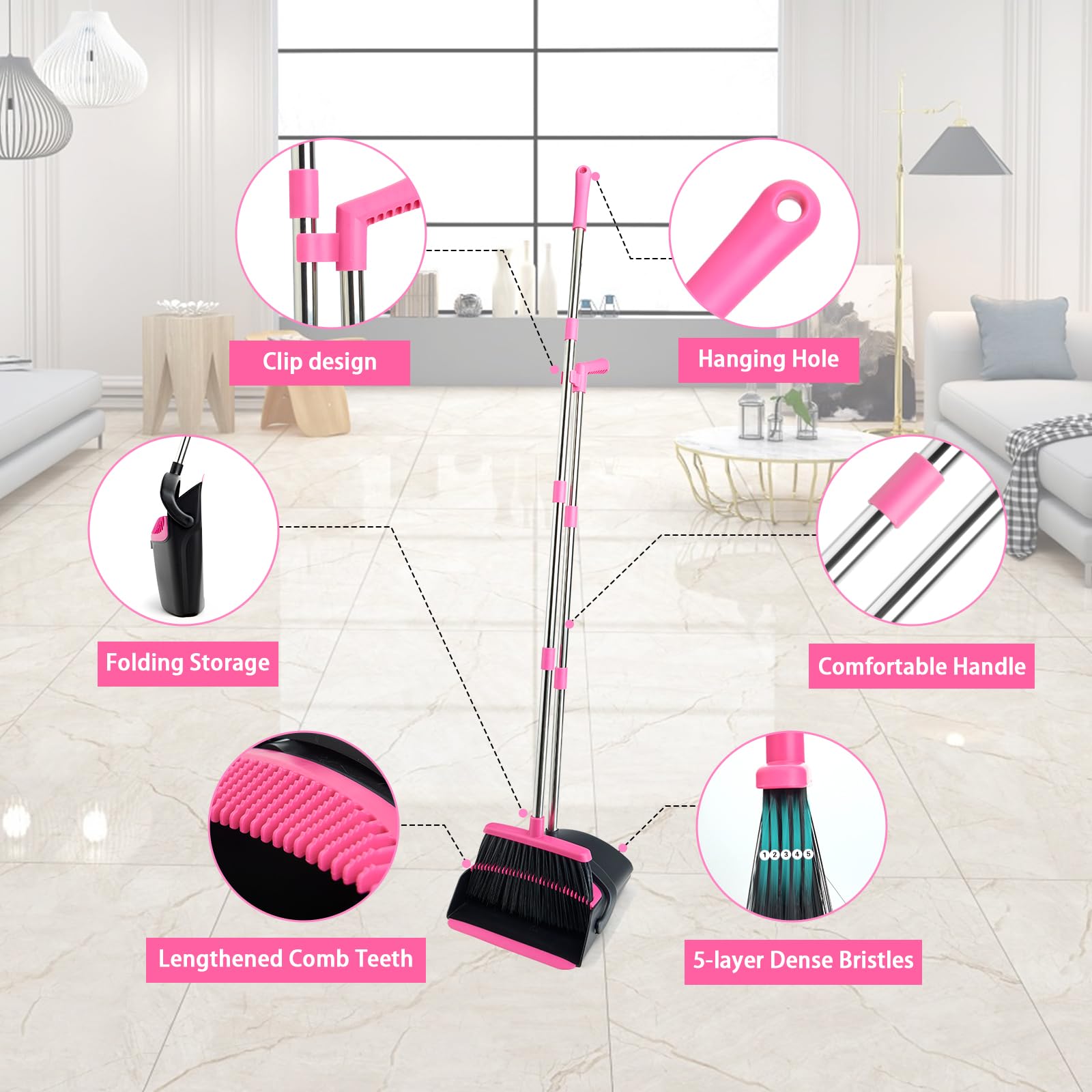 XXFLOWER Broom and Dustpan Set, Dustpans with 51 Inch Broom Combo with Long Handle for Home Kitchen Room Office Indoor Floor Cleaning(Black-Pink)
