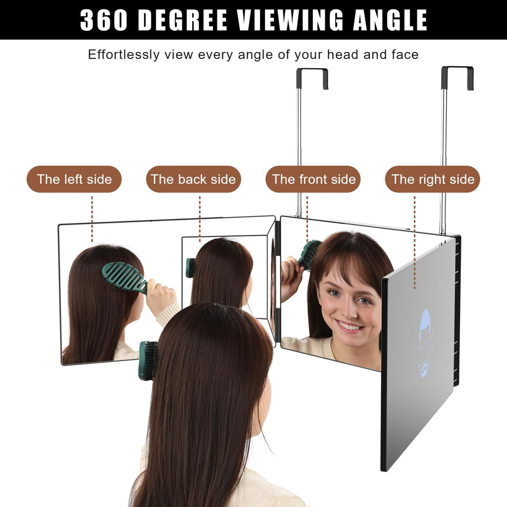 OLIBUY 3 Way Mirror for Hair Cutting, Tri-fold Mirror for Shaving, Haircutting, Braiding, Hair Styling and Makeup with Height Adjustable Hooks, Ideal Gift for Men or Women