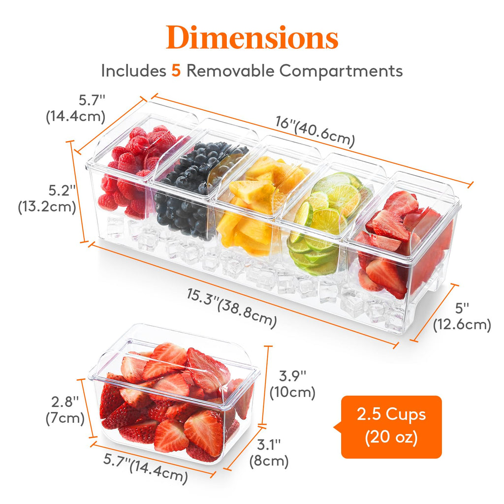 Lifewit Ice Chilled Condiment Caddy with 5 Containers(2.5 Cup), Condiment Server with Separate Lids, Serving Tray Platter with Removable Dishes for Bar Accessories, Fruit, Salad, Taco, Party Garnish