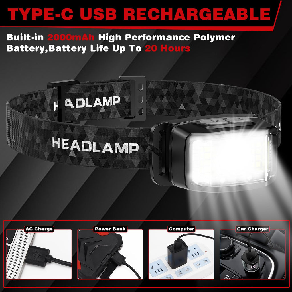 Headlamp Rechargeable 2 Packs,2000 Lumen Super Bright Motion Sensor 16 Modes (Individual Control) LED Headlamp,Waterproof Lightweight Flashlight Hard Hat Light for Outdoor Camping Fishing Running