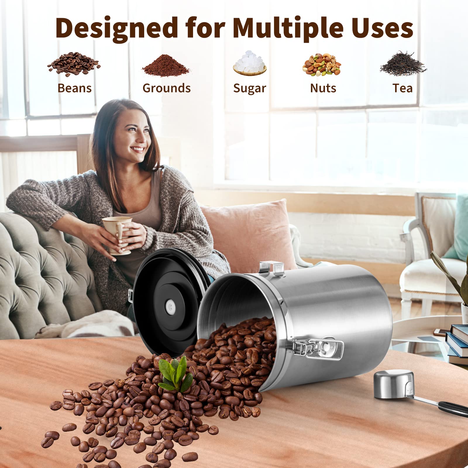 Dyserbuy Airtight Coffee Canister, Stainless Steel Coffee Beans and Grounds Storage Container with Date Tracker, Scoop, CO2 Valves, for Beans, Grounds, Tea, Sugar, Silver