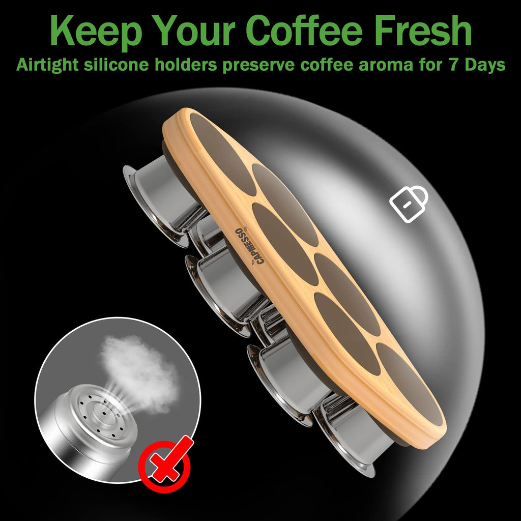 CAPMESSO Reusable Capsules for Nespresso OriginalLine, 6pcs Nespresso Refillable Pods Stainless Steel Coffee Pods Compatible with Nespresso OriginalLine Machine (6 Pods + 100 Lids + Wood Storage Tray)