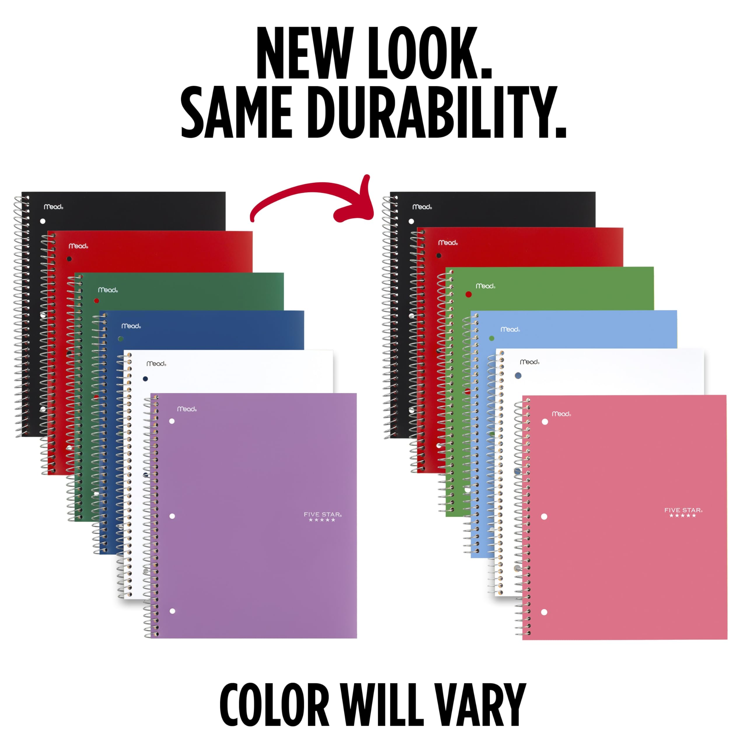 Five Star 1-Subject Spiral Notebook, 8.5" x 11" Paper Size, College Ruled, 200 Pages/100 Sheets, Neat Sheet Perforated Pages, Wirebound, Assorted Colour Poly Covers, 6-Pack (38052)