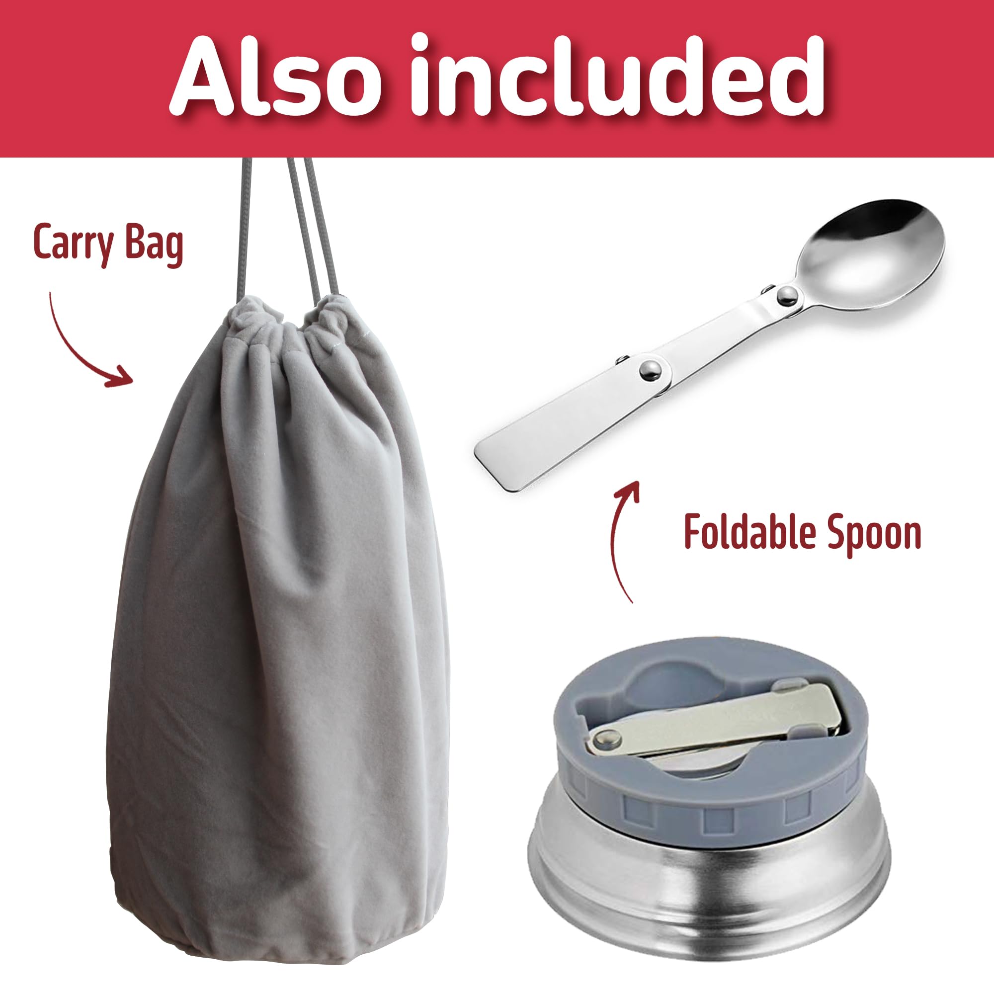 Insulated Food Flask - 530ml Stainless Steel Jar for Hot and Cold Meals – Double-Wall Insulation, Thermal Food Container for School, Office, Travel, Camping - Foldable Spoon, Bag - Red - 24.7 oz