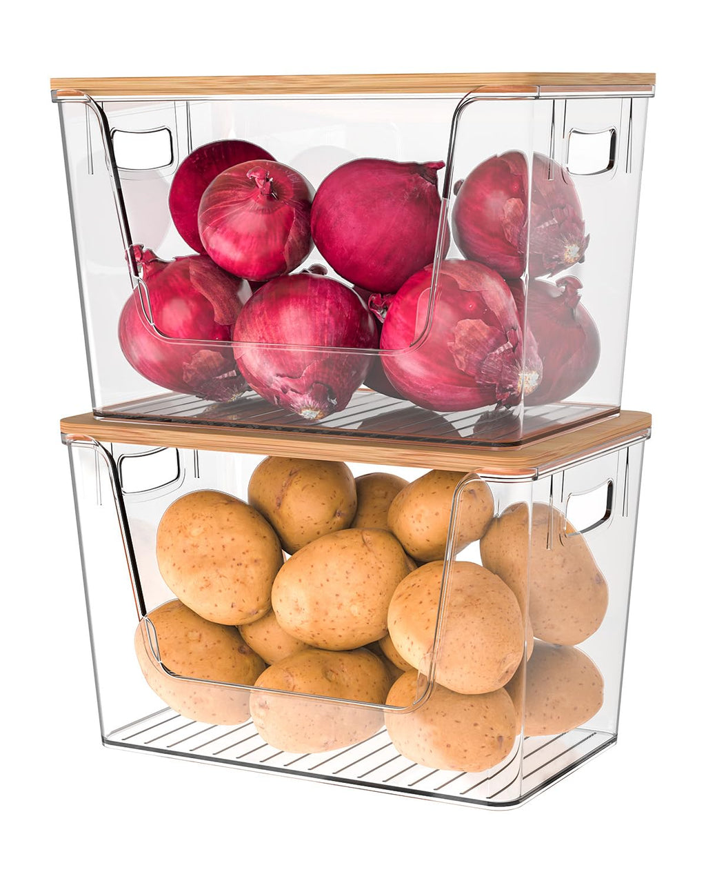 2 Pack Potato and Onion Storage Bin, Stackable Clear Fruit and Vegetable Storage, Acrylic Pantry Organizers and Storage with Bamboo Lid for Potato Onion Produce Vegetable Storage (Clear, XL-2 PACK)