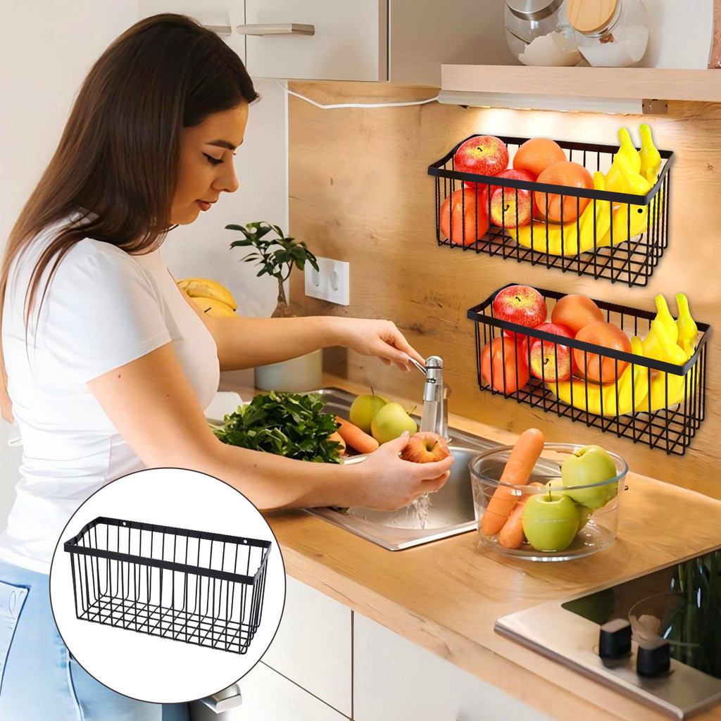 2 Pcs Fruit Basket Wire Baskets, Fruit and Veggie Storage Basket Holder for Kitchen Wall Mounted,Kitchen Organizers and Storage for Snack Onion Potato（Black）