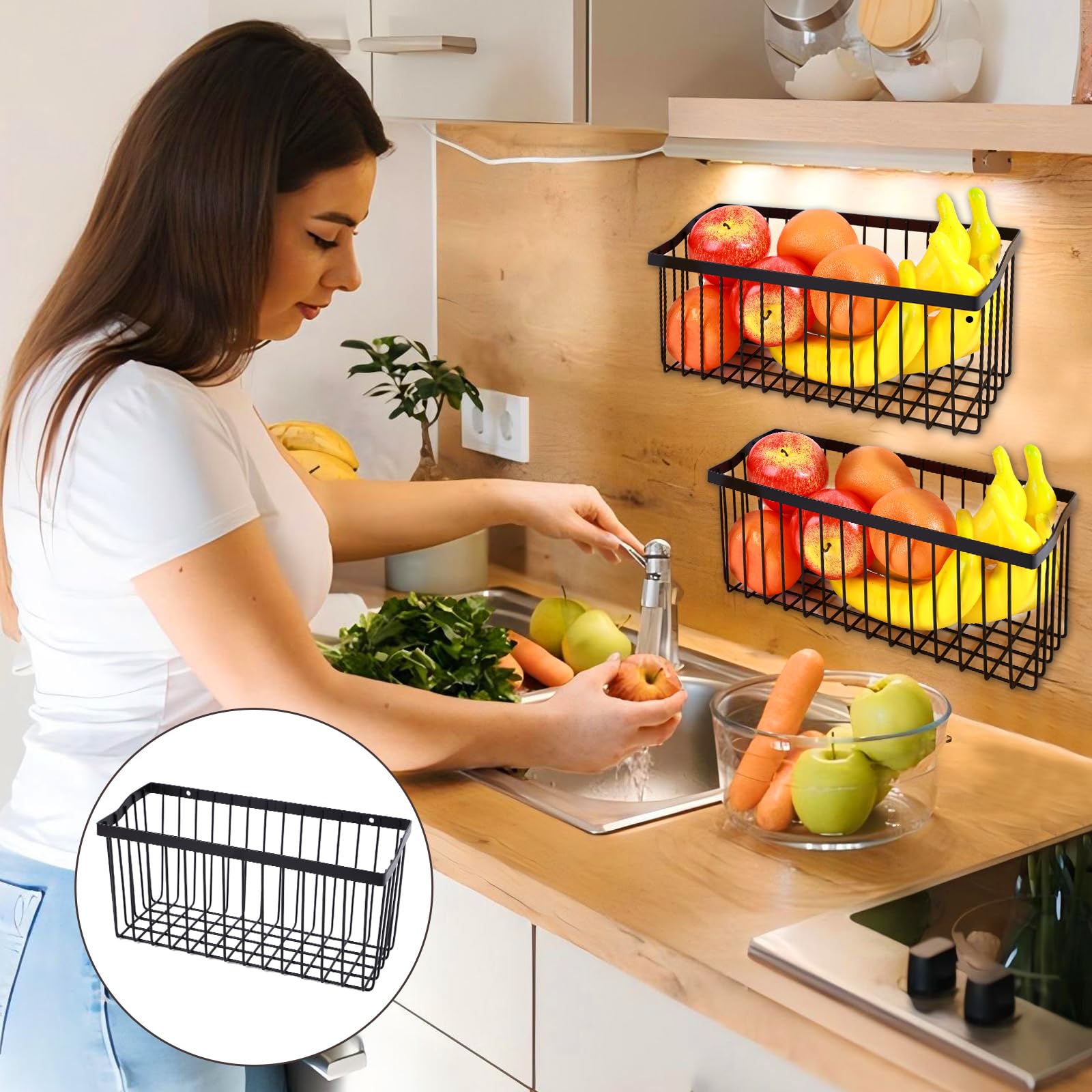 2 Pcs Fruit Basket Wire Baskets, Fruit and Veggie Storage Basket Holder for Kitchen Wall Mounted,Kitchen Organizers and Storage for Snack Onion Potato（Black）