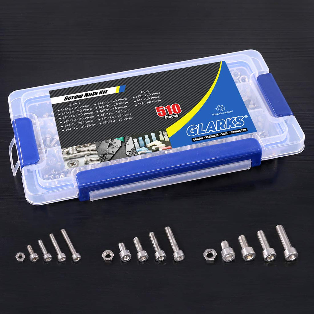Glarks 510Pcs M3 M4 M5 304 Stainless Steel Hex Socket Head Cap Screws With Nuts Assortment Kit