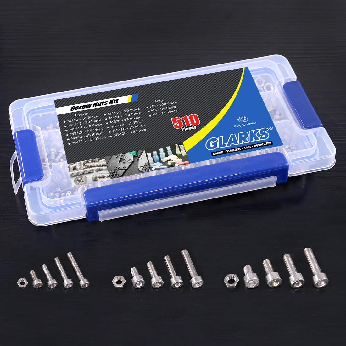 Glarks 510Pcs M3 M4 M5 304 Stainless Steel Hex Socket Head Cap Screws With Nuts Assortment Kit