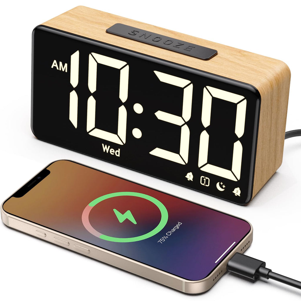 GOLOZA Alarm Clocks for Bedrooms, Wood Grain, Digital Clock with Large Display, Desk Clock for Bedside, Power-Off Memory & Alarm, 5 Level Brightness +Off, Dual Alarm, 12/24H, 9min Snooze, Reveil Matin