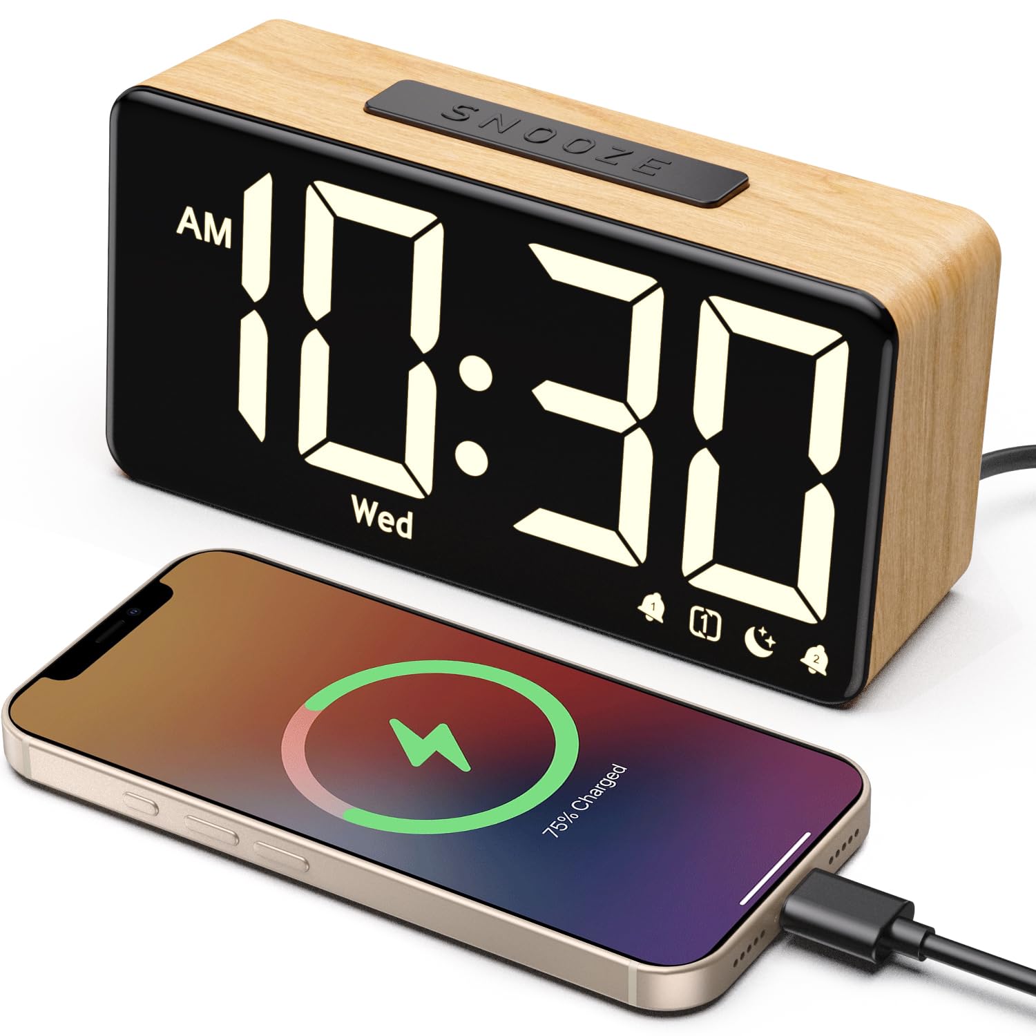 GOLOZA Alarm Clocks for Bedrooms, Wood Grain, Digital Clock with Large Display, Desk Clock for Bedside, Power-Off Memory & Alarm, 5 Level Brightness +Off, Dual Alarm, 12/24H, 9min Snooze, Reveil Matin