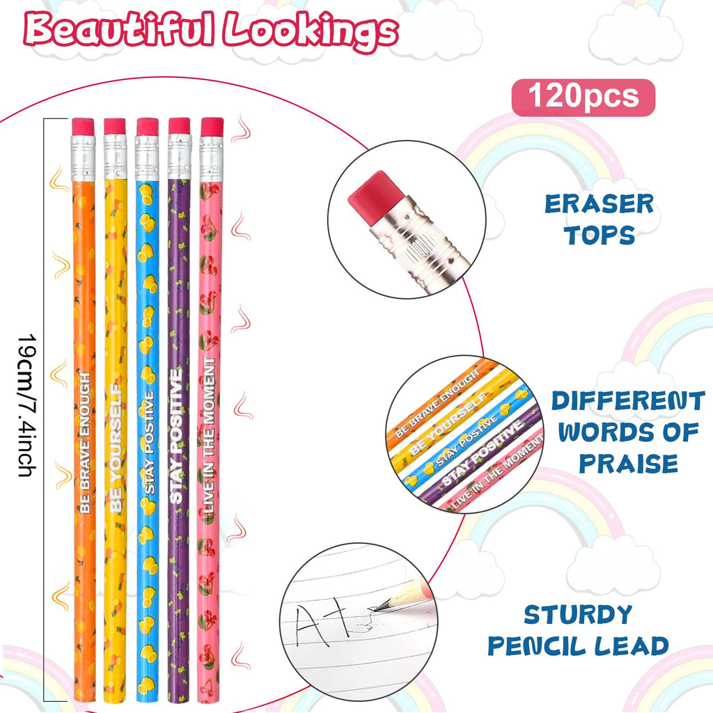 120 Pcs Wooden Pencils with Eraser Bulk, Scented Inspirational Pencils Student Colorful Fruit Pencils Cute HB Pencils Wood Graphite Pencil for Girls Kids Boys School Students Gifts Supplies