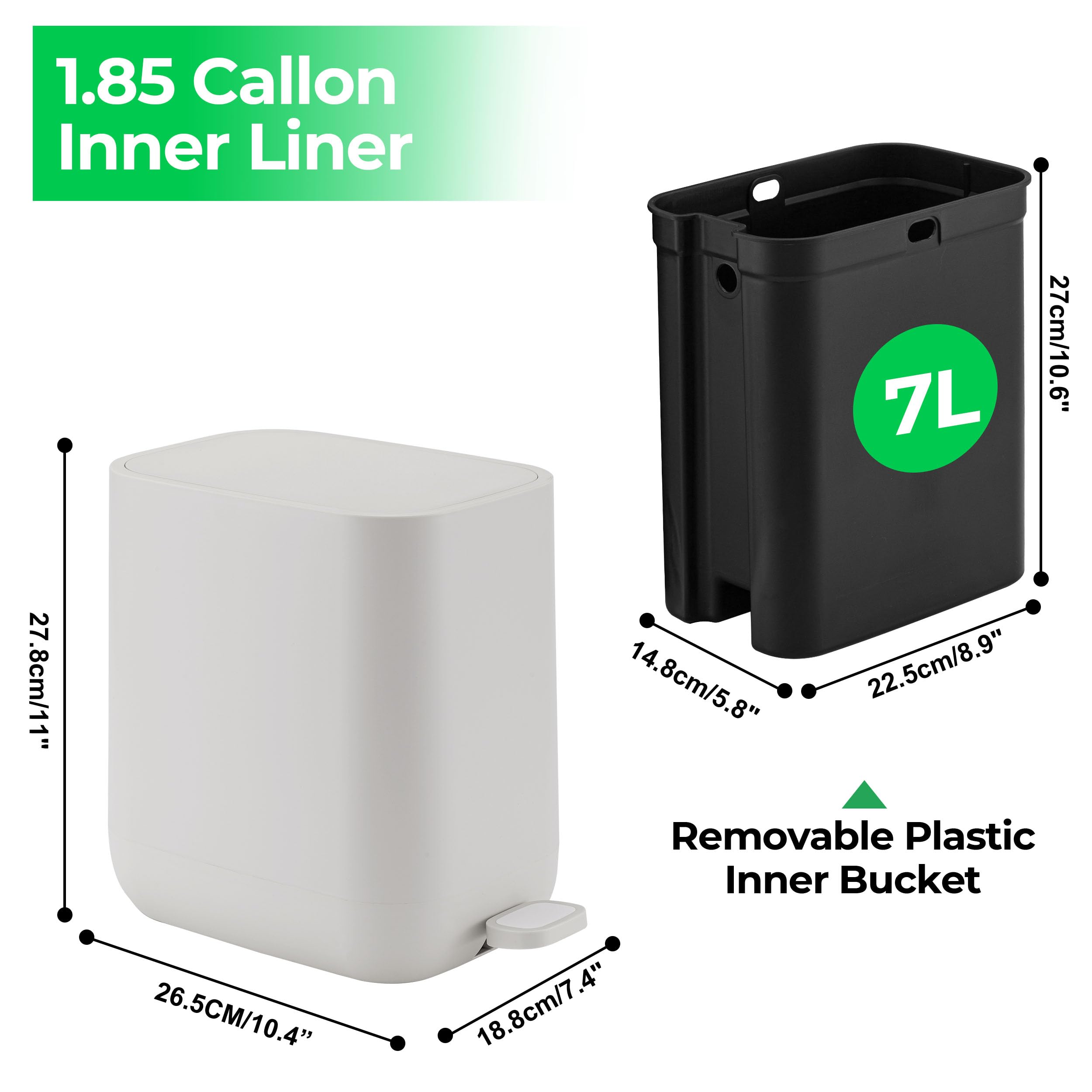 Veinvify 1.85 Gallons 7 Liters Slim Small Kitchen Trash Can with Lid Soft Close Dust Bin Step Pedal Garbage Waste Home Bathroom Office ABS Smooth Washable Poubelle Salle de Bain Beige