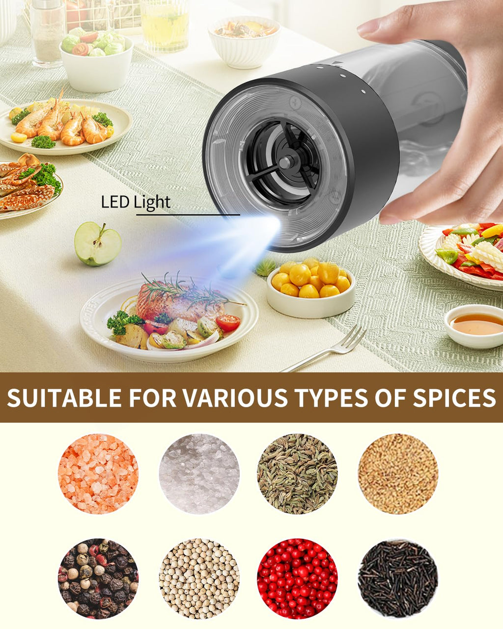 CIRCLE JOY Electric Rechargeable Salt and Pepper Grinder Set with Easy-to-Carry Dual Charging Base, Externally Adjustable, 100 ml Large Capacity, LED Light, Black