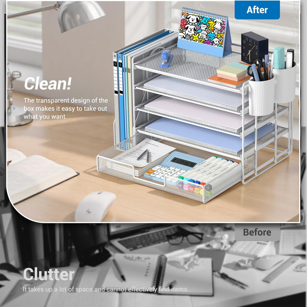 Gugsey Desk Organizer with File Holder, Organisateur et Accessoire de Bureau, 5-Tier Paper Letter Tray with Drawer and Pen Holder, Desktop Office Accessories for School, Home, Office Supplies (White)