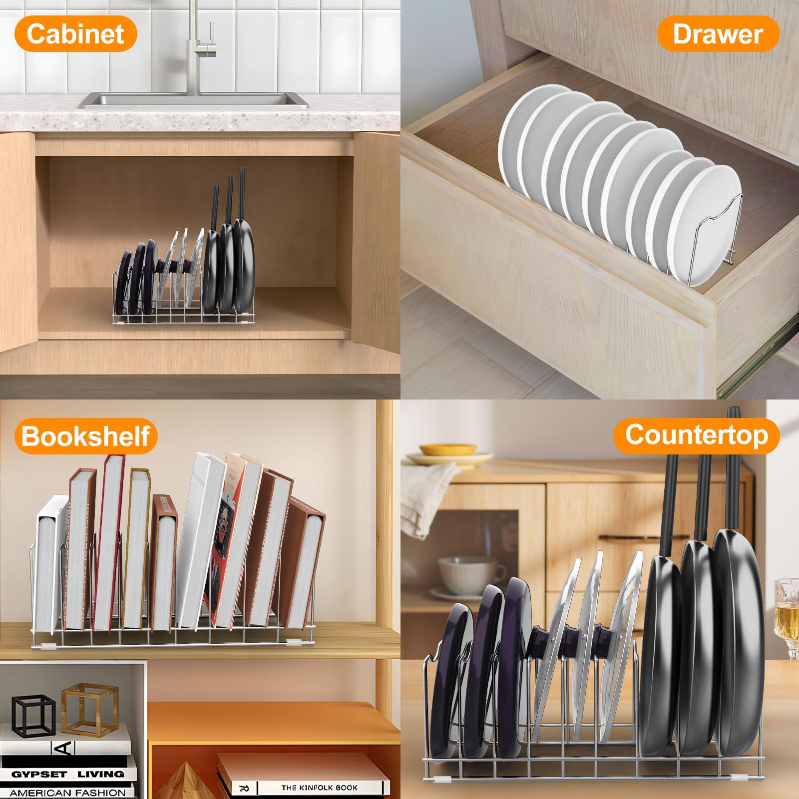 Pot Lid Organizer Pan Lid Organizer Kitchen Pot Lid Rack Suitable for Bakeware Dish Plate, Cutting Boards, Pots & Pans, Serving Trays, Reusable Holder FLSEPAMB(2 Pack+Eight Silicone Foot Covers)