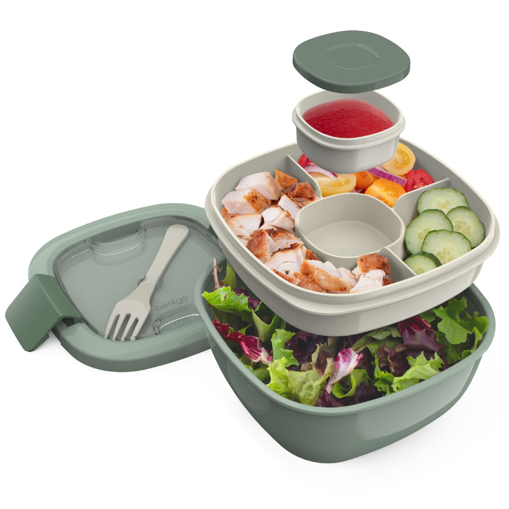 Bentgo Salad - Stackable Lunch Container with Large 54-oz Salad Bowl, 4-Compartment Bento-Style Tray for Toppings, 3-oz Sauce Container for Dressings, Built-in Reusable Fork & BPA-Free (Khaki Green)