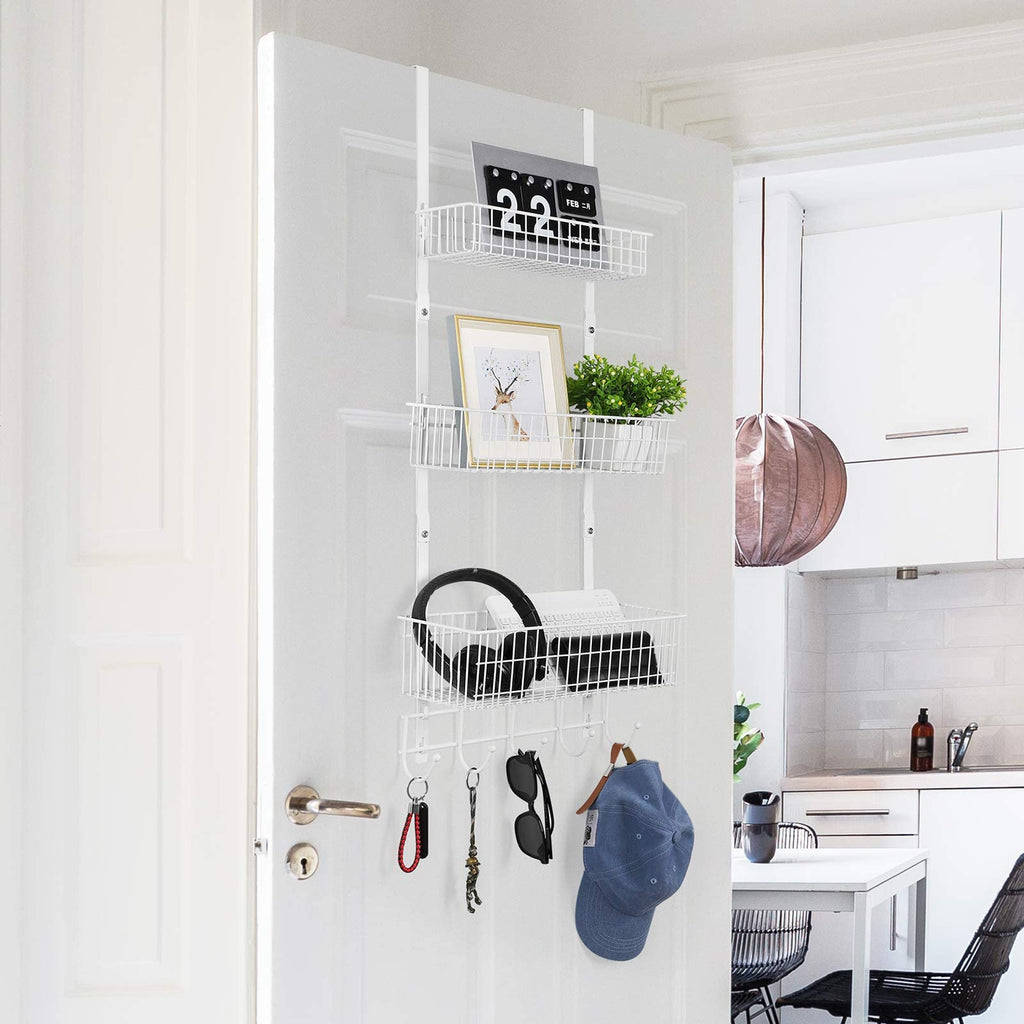OYEAL Over The Door Basket Organizer 3 Tier Hanging Kitchen Storage Rack Heavy Duty Pantry Organizer with 3 Basket and 5 Hooks Door Back Metal Wire Basket for Kitchen, Bathroom, Office, White