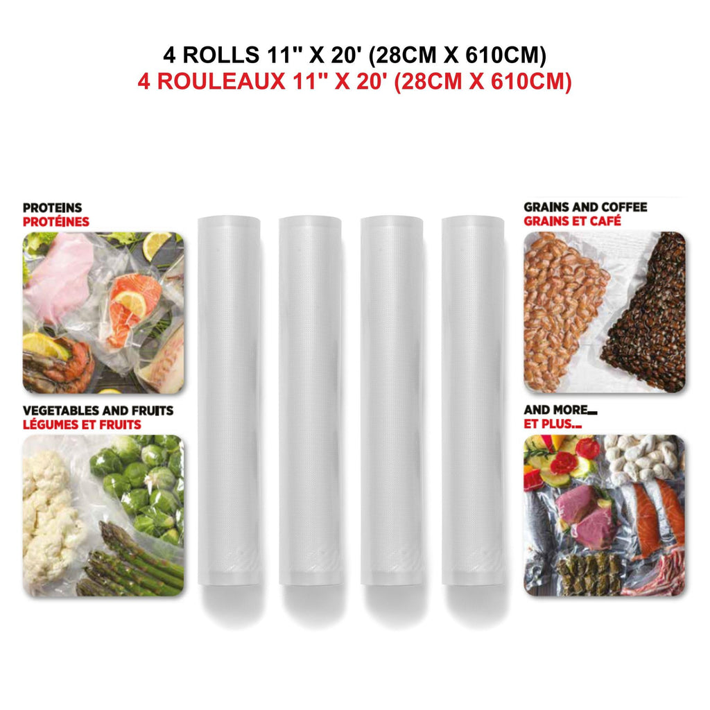 Starfrit Vacuum Sealer Rolls – 4 Rolls 11"x20" (28cm x 610cm) – BPA Free – Airtight Seal for Food Preservation, Sous Vide Cooking, Freeze-Dried Meals – Compatible with Most Vacuum Sealers