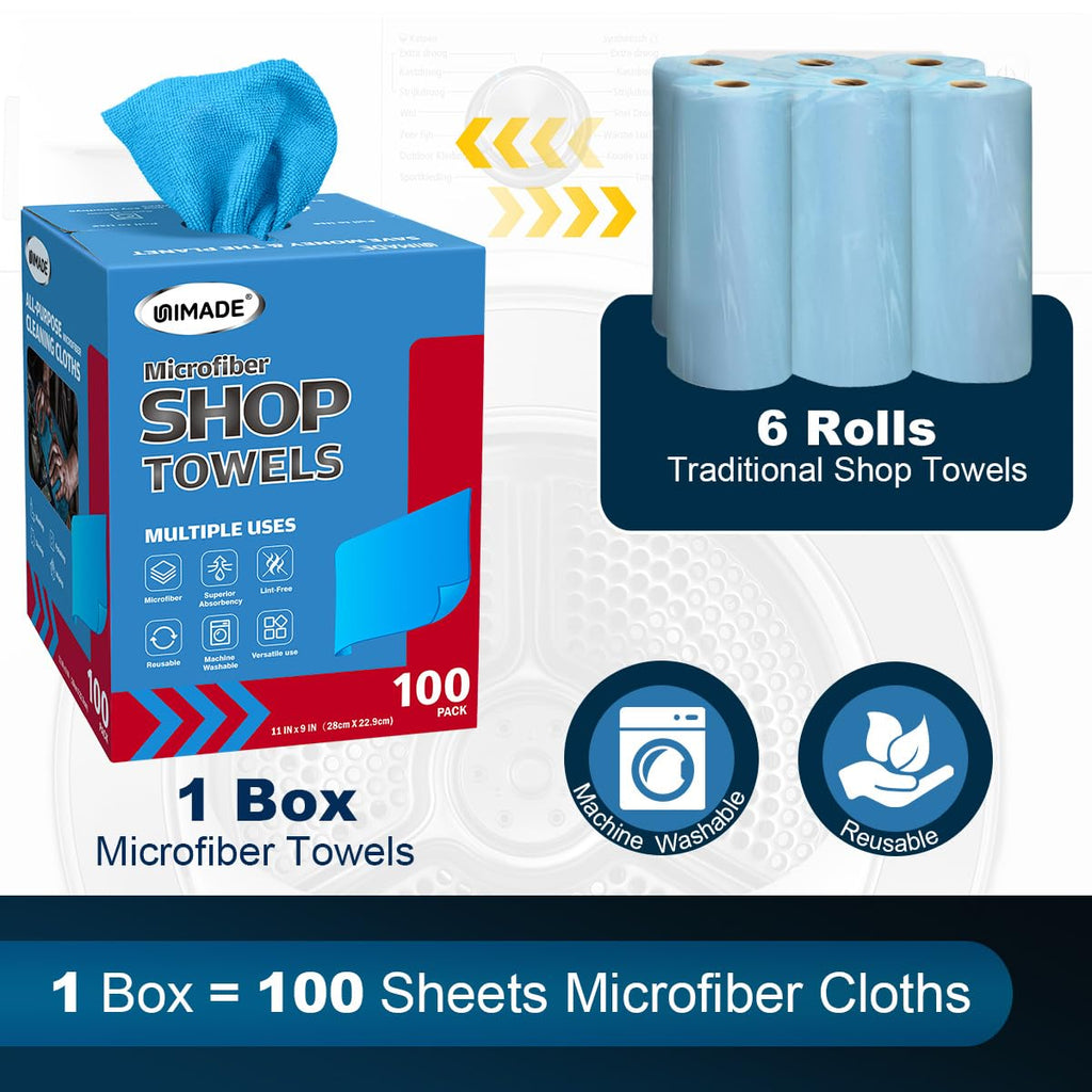 UNIMADE Shop Towels, 100 Sheets Microfiber Cleaning Cloth Commercial Grade Washcloths Lint-Free Bulk Shops Rags for Cars Mechanic Restaurant Garage Housekeeping, 11"x 9", Blue