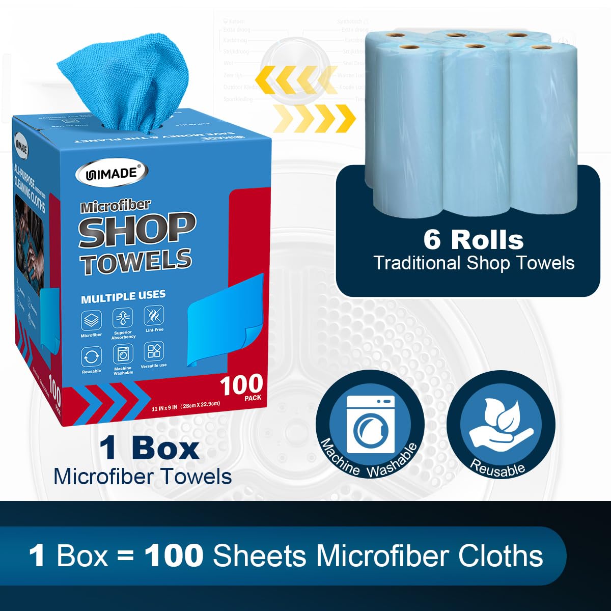 UNIMADE Shop Towels, 100 Sheets Microfiber Cleaning Cloth Commercial Grade Washcloths Lint-Free Bulk Shops Rags for Cars Mechanic Restaurant Garage Housekeeping, 11"x 9", Blue