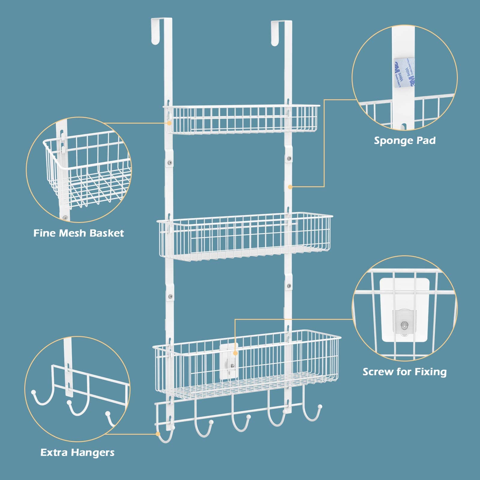 OYEAL Over The Door Basket Organizer 3 Tier Hanging Kitchen Storage Rack Heavy Duty Pantry Organizer with 3 Basket and 5 Hooks Door Back Metal Wire Basket for Kitchen, Bathroom, Office, White