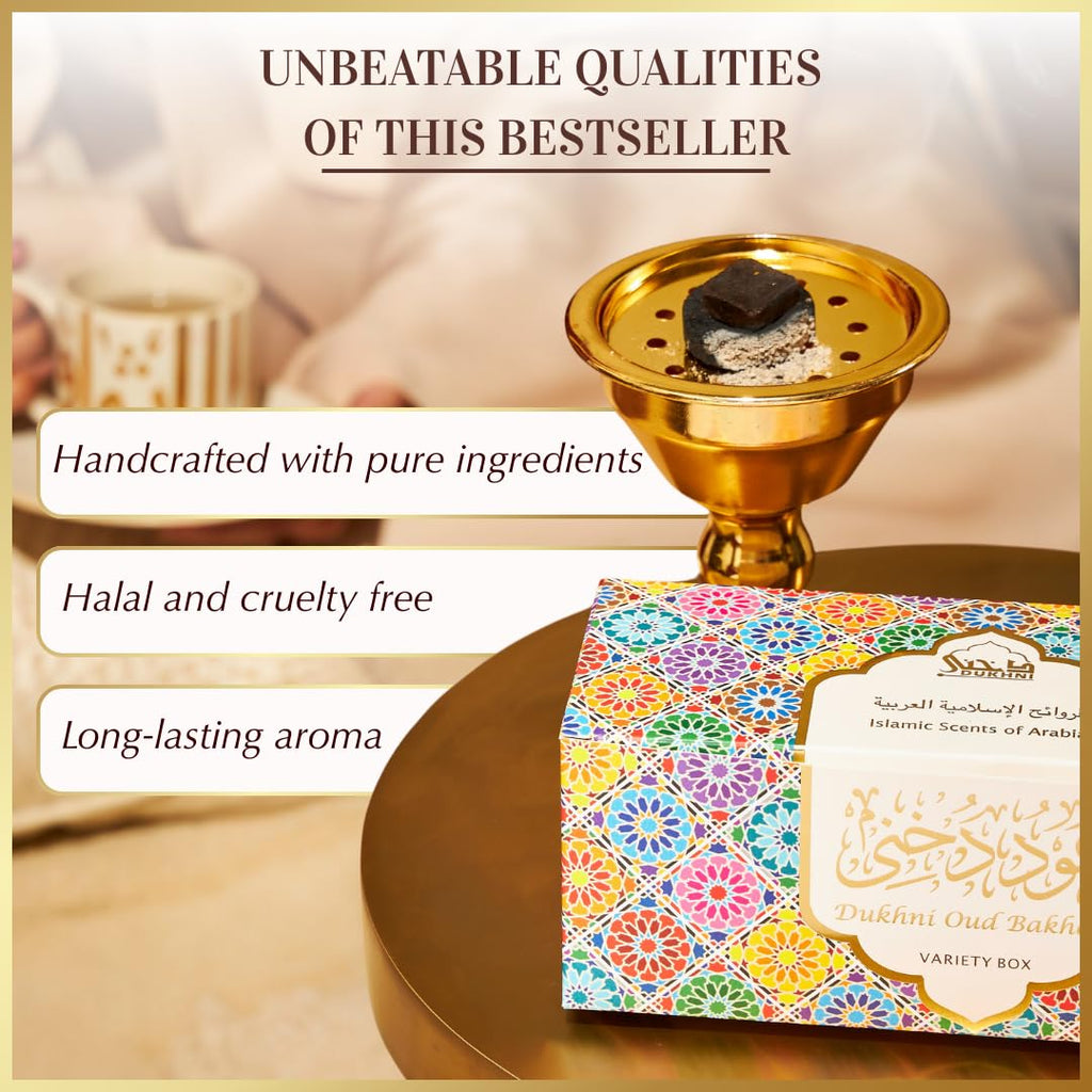 Oud Bakhoor Variety Box by Dukhni | Assorted Box | 30 Pieces Bukhoor | Gift Set & Refill Kit | Arabic Bakhoor Incense | Perfect for Ramadan Prayer and Gifting | Luxurious, Long Lasting