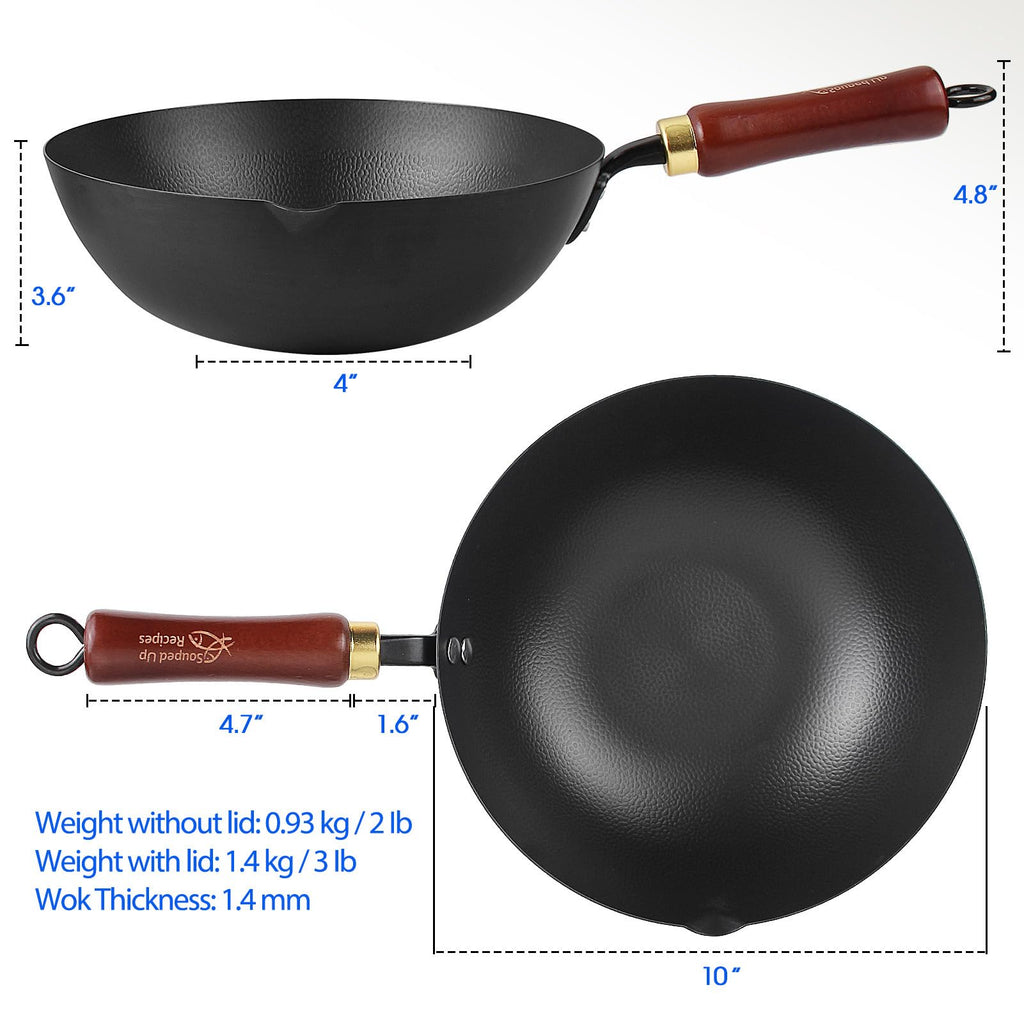 Souped Up Recipes 10 Inch Carbon Steel Wok for Electric, Induction and Gas Stoves (Lid and User Guide Video Included)