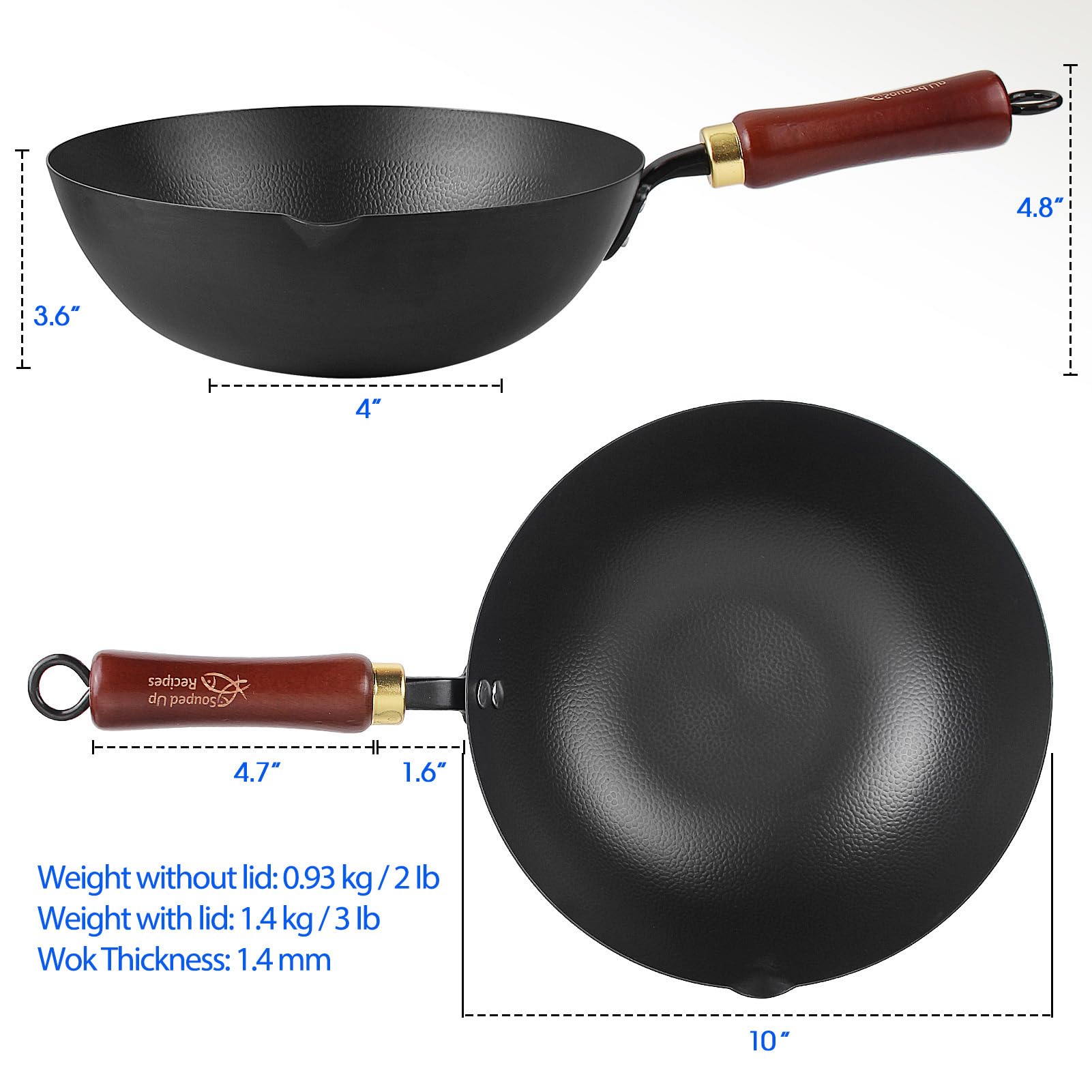 Souped Up Recipes 10 Inch Carbon Steel Wok for Electric, Induction and Gas Stoves (Lid and User Guide Video Included)